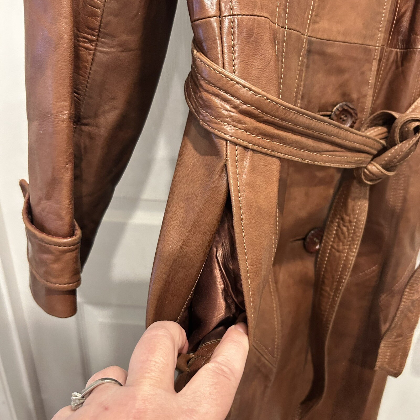 Skin Gear Belted Leather Trench Coat Jacket Womens M Vintage 70s Brown Lambskin