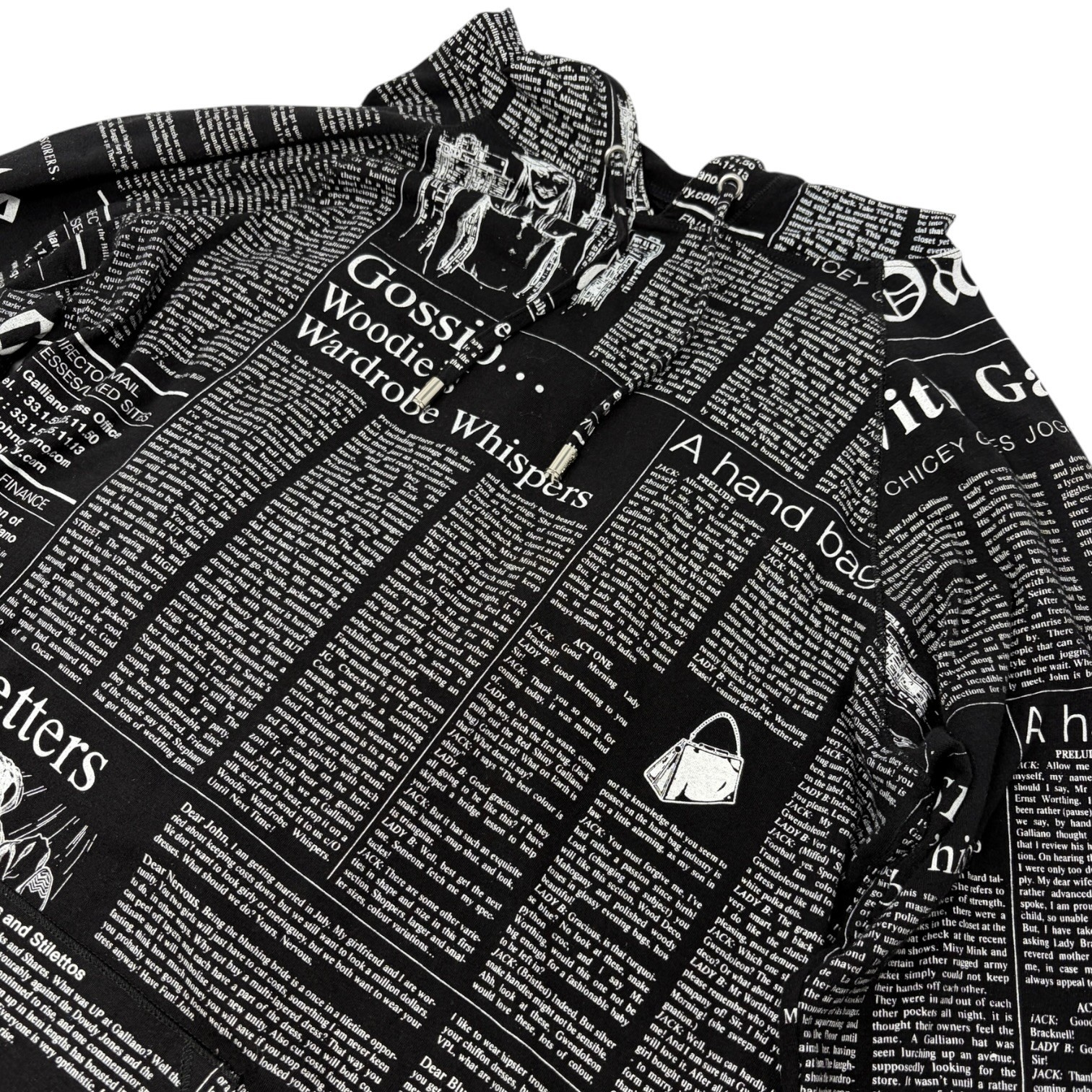 John Galliano Vintage Newspaper Print Hoodie Top Pants Set #XS Black 902549