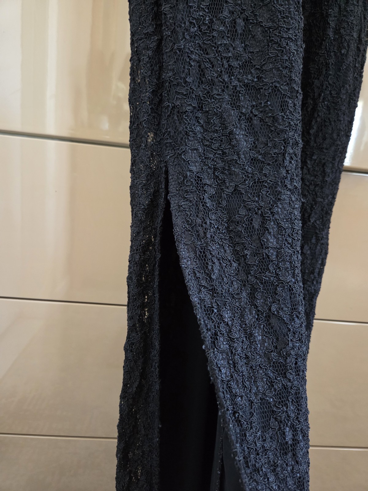 Vintage L.A. Glo Black Lace Maxi Dress Slip Spaghetti Strap Side Slit USA XS/S