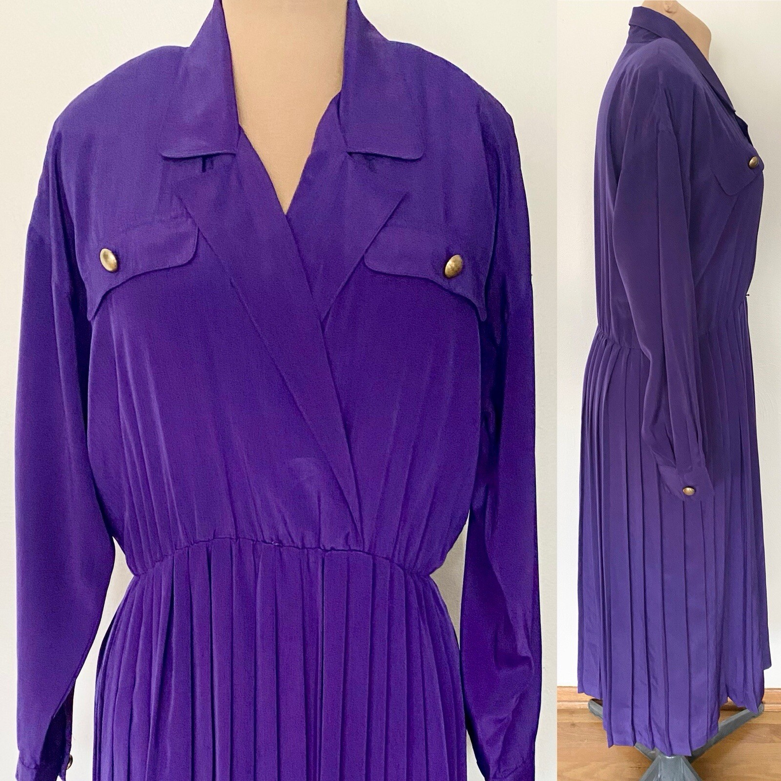 Vintage 80s Silky Pleated Dress *Size 12* MS CHAUS Purple Shirtwaist Dress