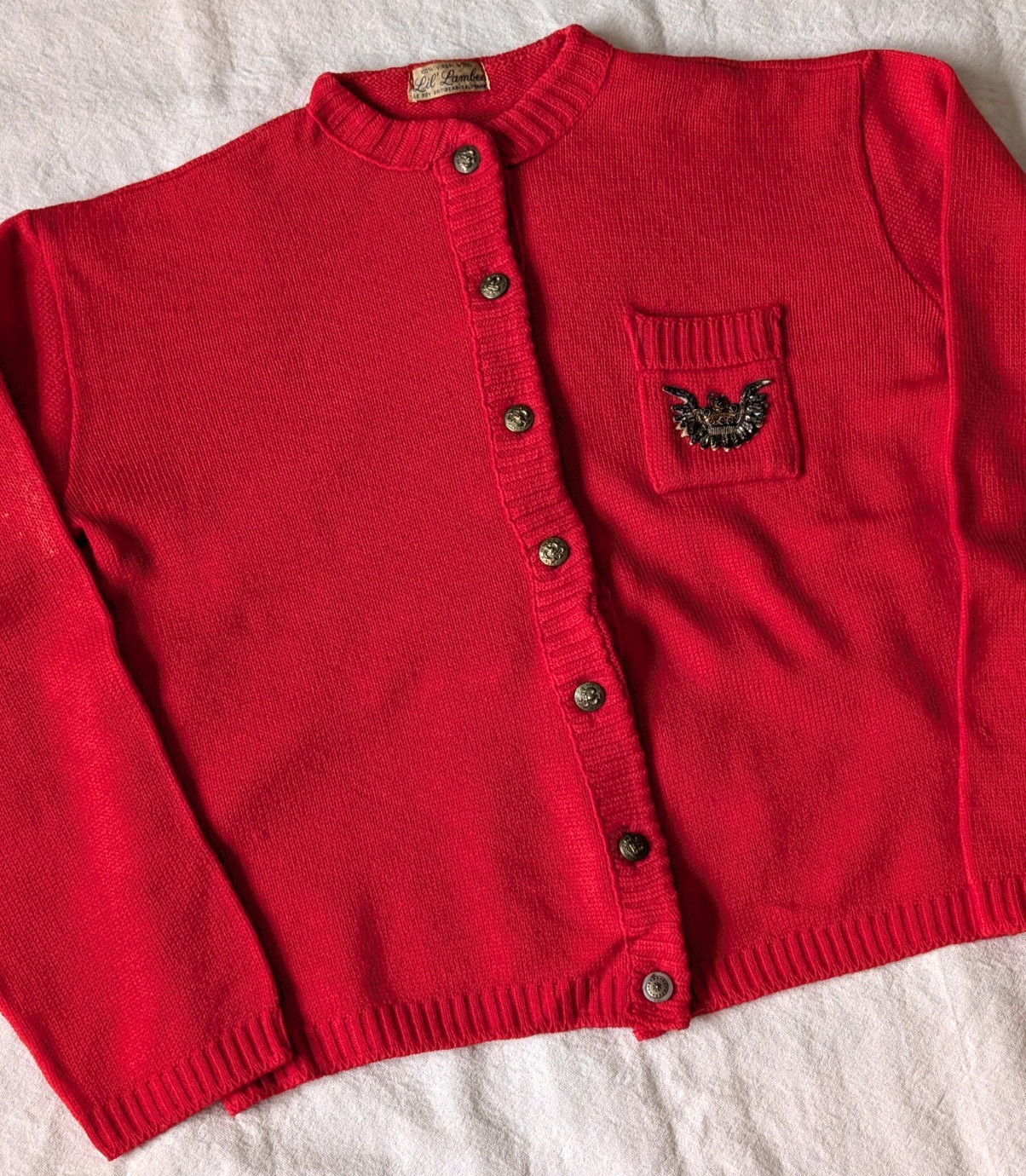 Vintage 50s Le Roy Knitwear Lil Lambee Women’s SM Red Virgin Wool Cardigan USA