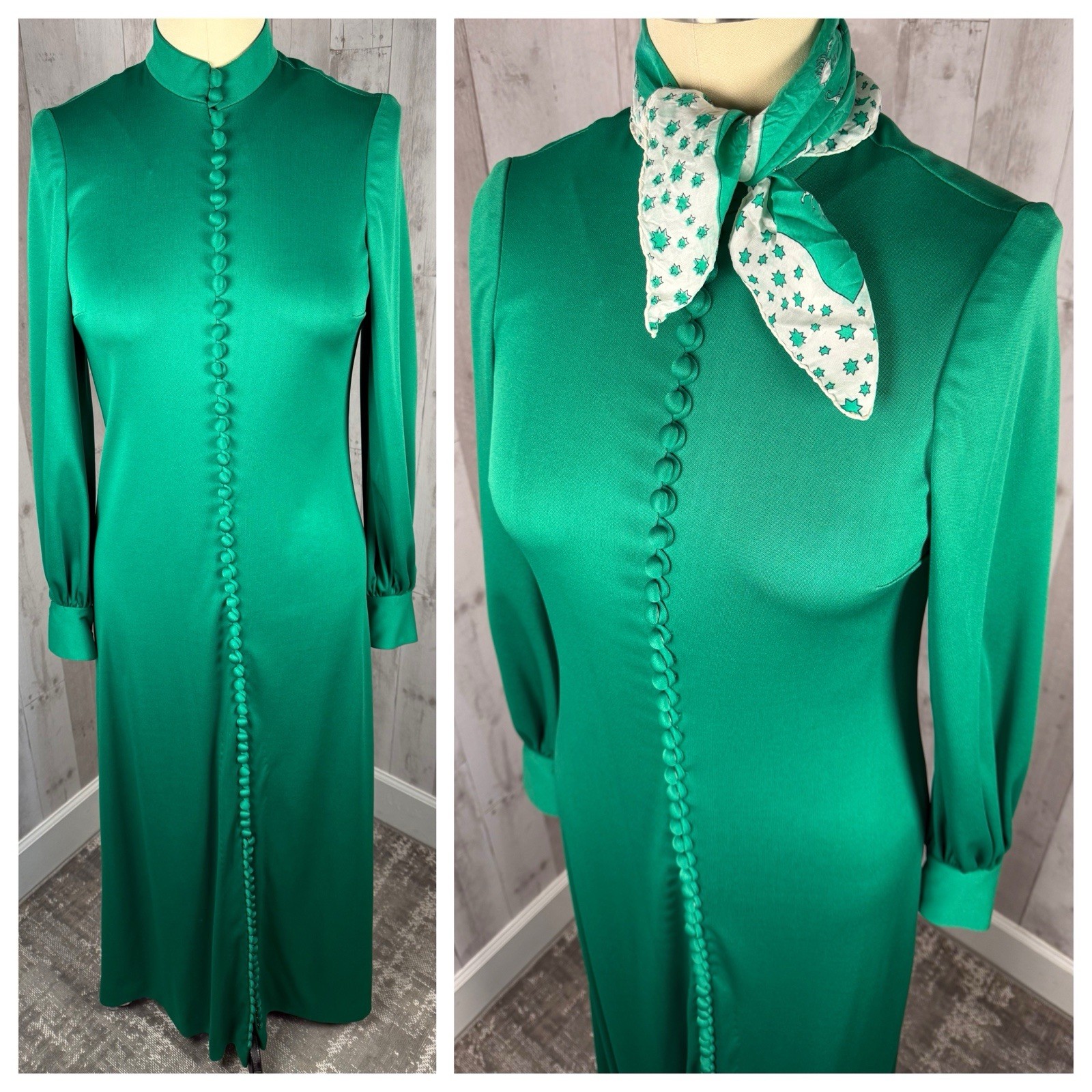 Vintage 1970s MOD Emerald Green Maxi Gown Elegant Poly Retro Size L/12