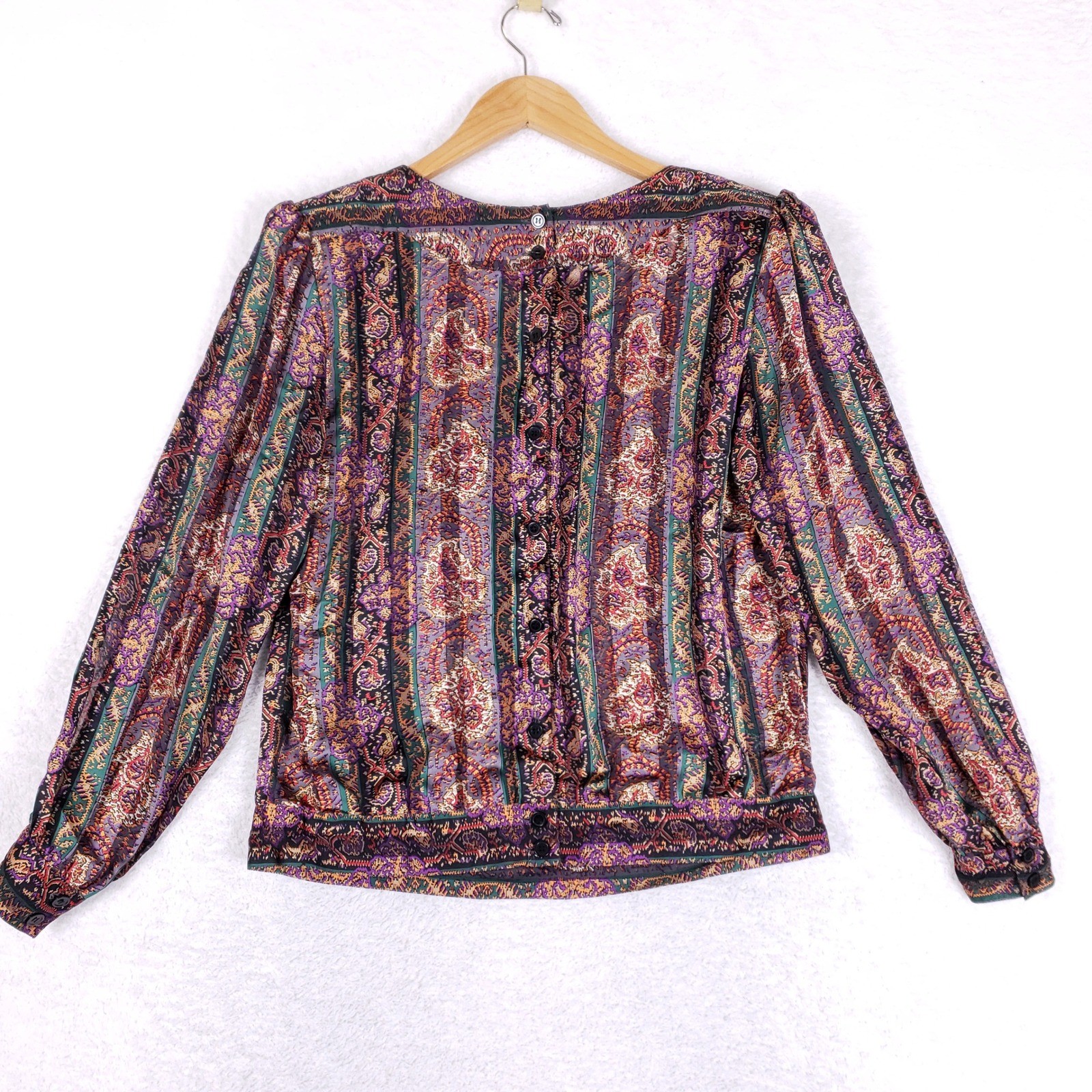 La Chine Classic Paisley Blouse Womens Size 10 Vintage Pleated Button Back 80s