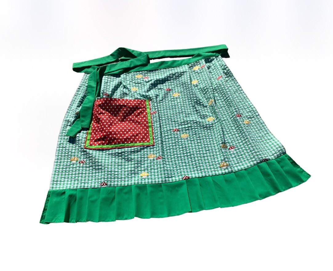Apron Green White Red Yellow Mushroom Embroidery Gingham Fabric