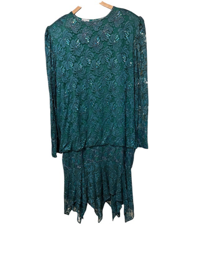 VINTAGE 1980’s CHANNA Lace Teal Sequin Beaded Embellished Dress India Womens 3X