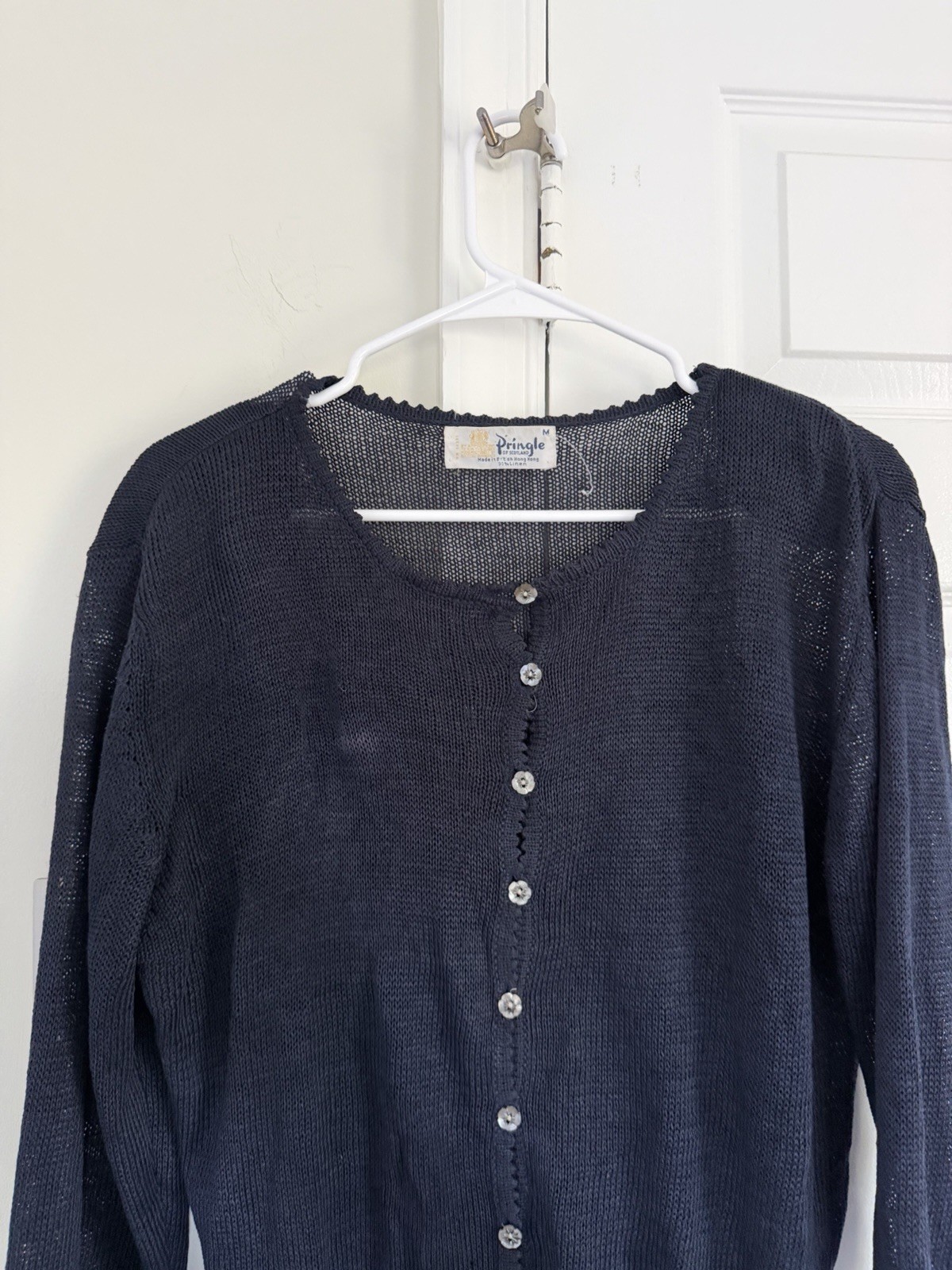 Pringle of Scotland 100% Linen Navy Sweater Cardigan M Open Knit Preppy Vintage