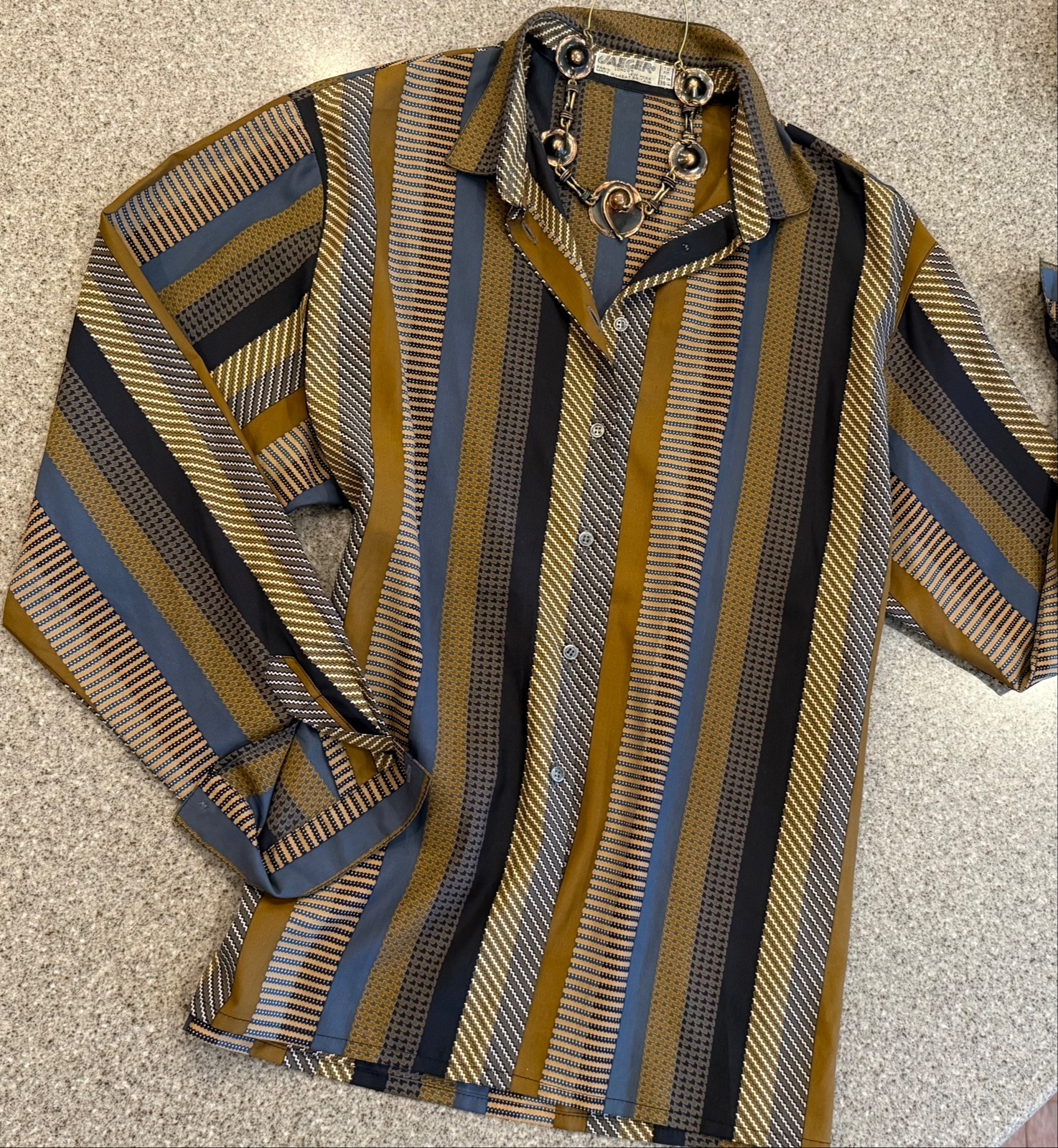 JAEGER London UK Vintage ’70s Chic Gold Striped Long Sleeve Blouse Sz 38 (M)