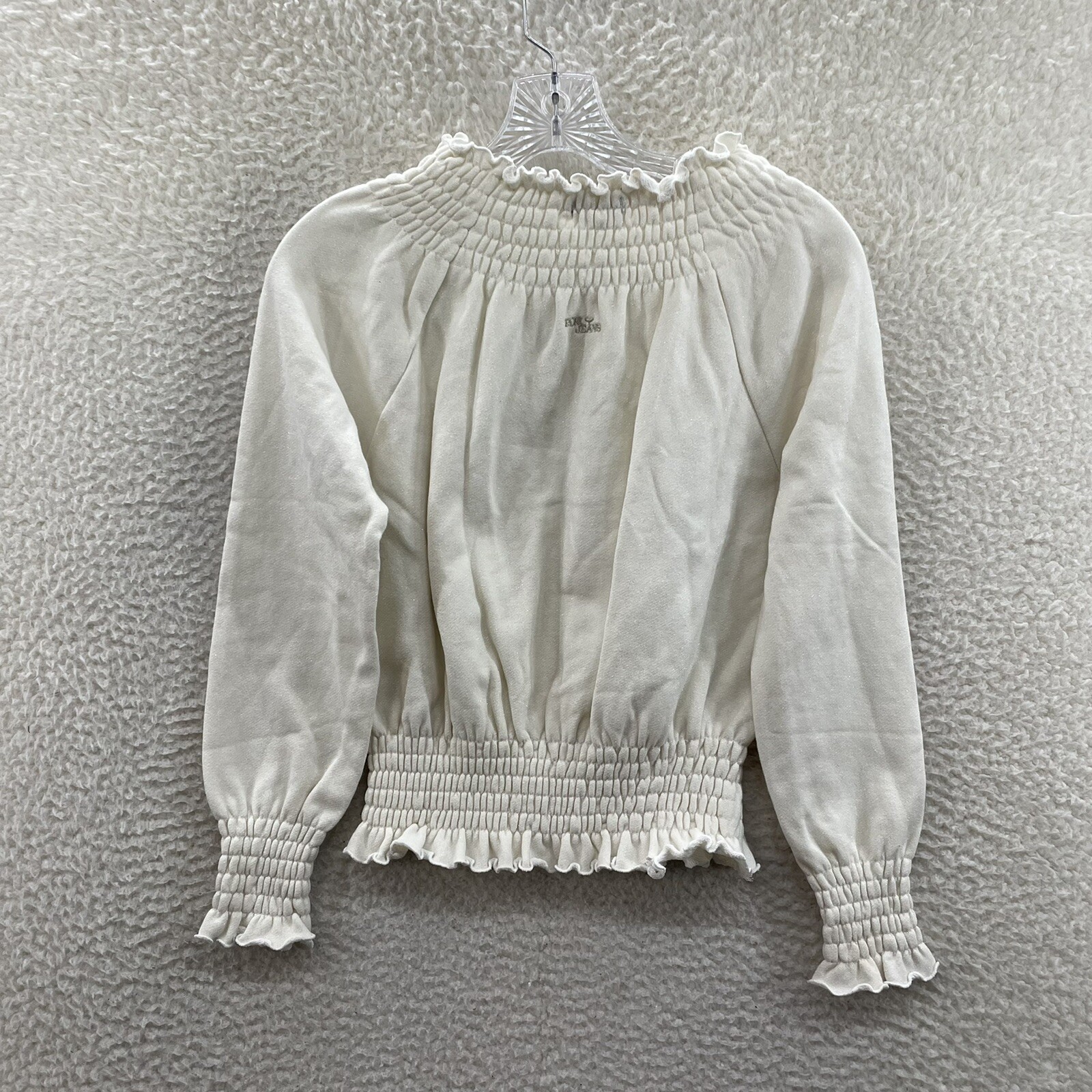 Y2K Vintage Japanese Top Small White Off Shoulder Glittery Smocked Long Sleeve