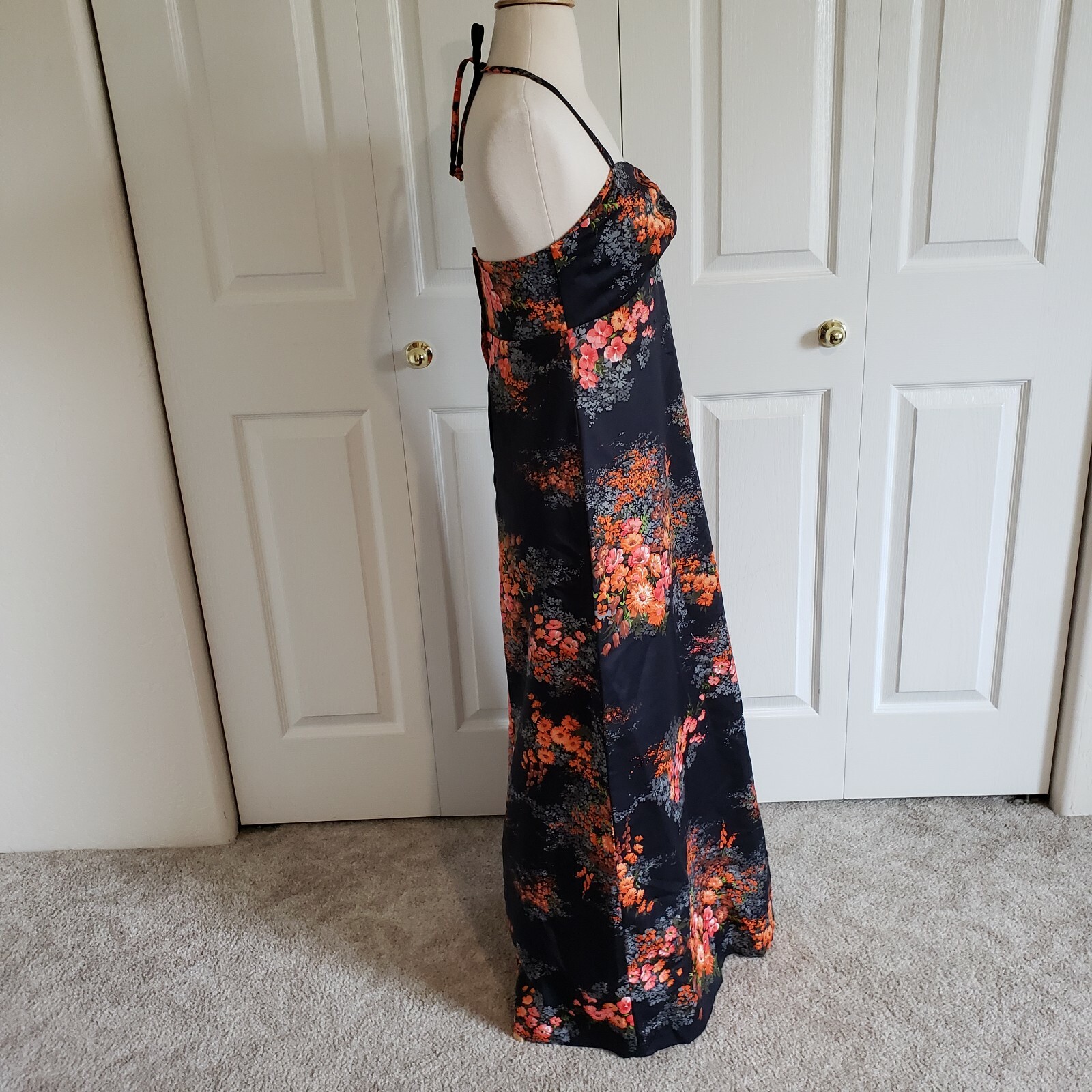 Vtg 60s Sun Fashions Hawaiian Tiki Maxi Black Floral Spaghetti Strap Dress XS