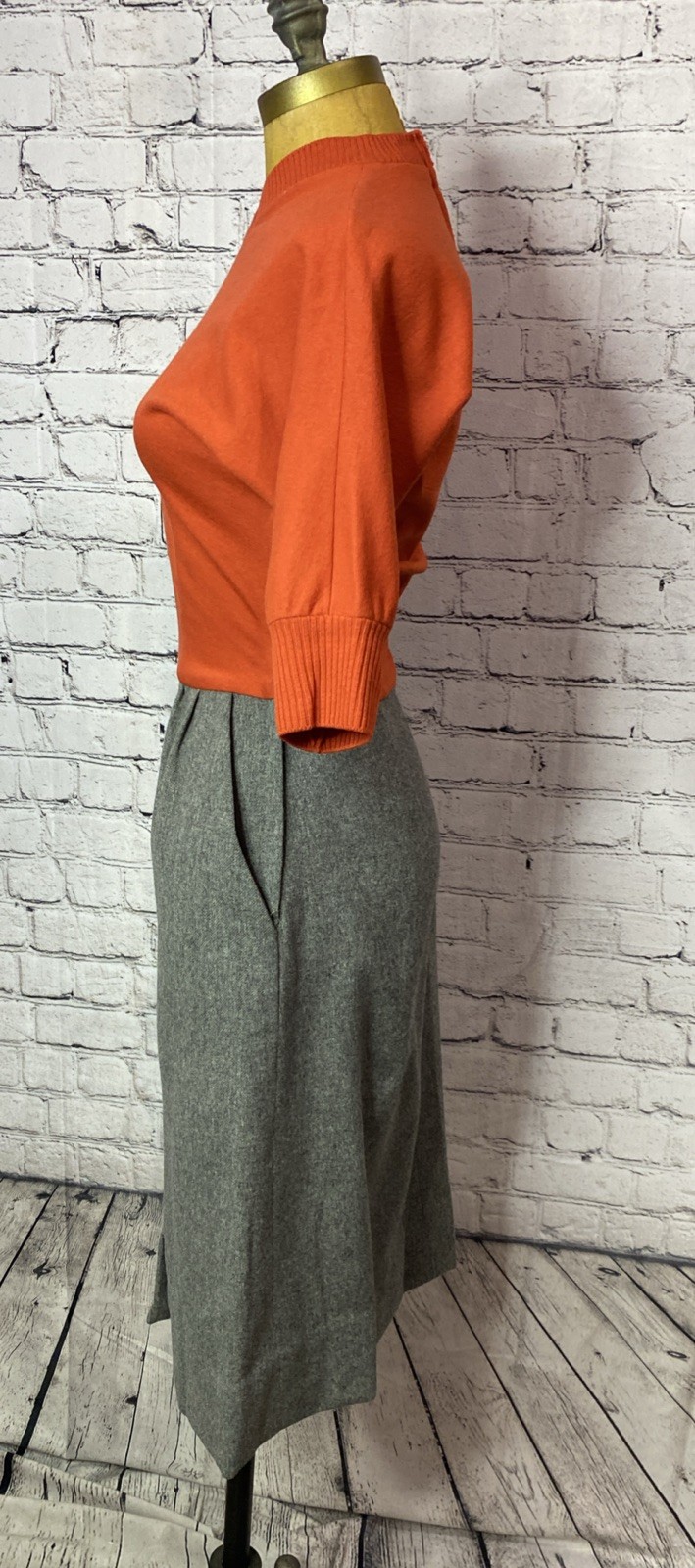 Vtg 60s Mod Marion McCoy Wool Orange Dress 3/4 Sleeve MIDI Pencil Secretary