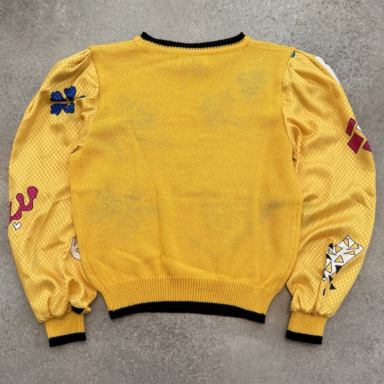 Vintage 80s Jaymee Papell Geometric Sweater Medium Yellow Funky Art Teacher 1980