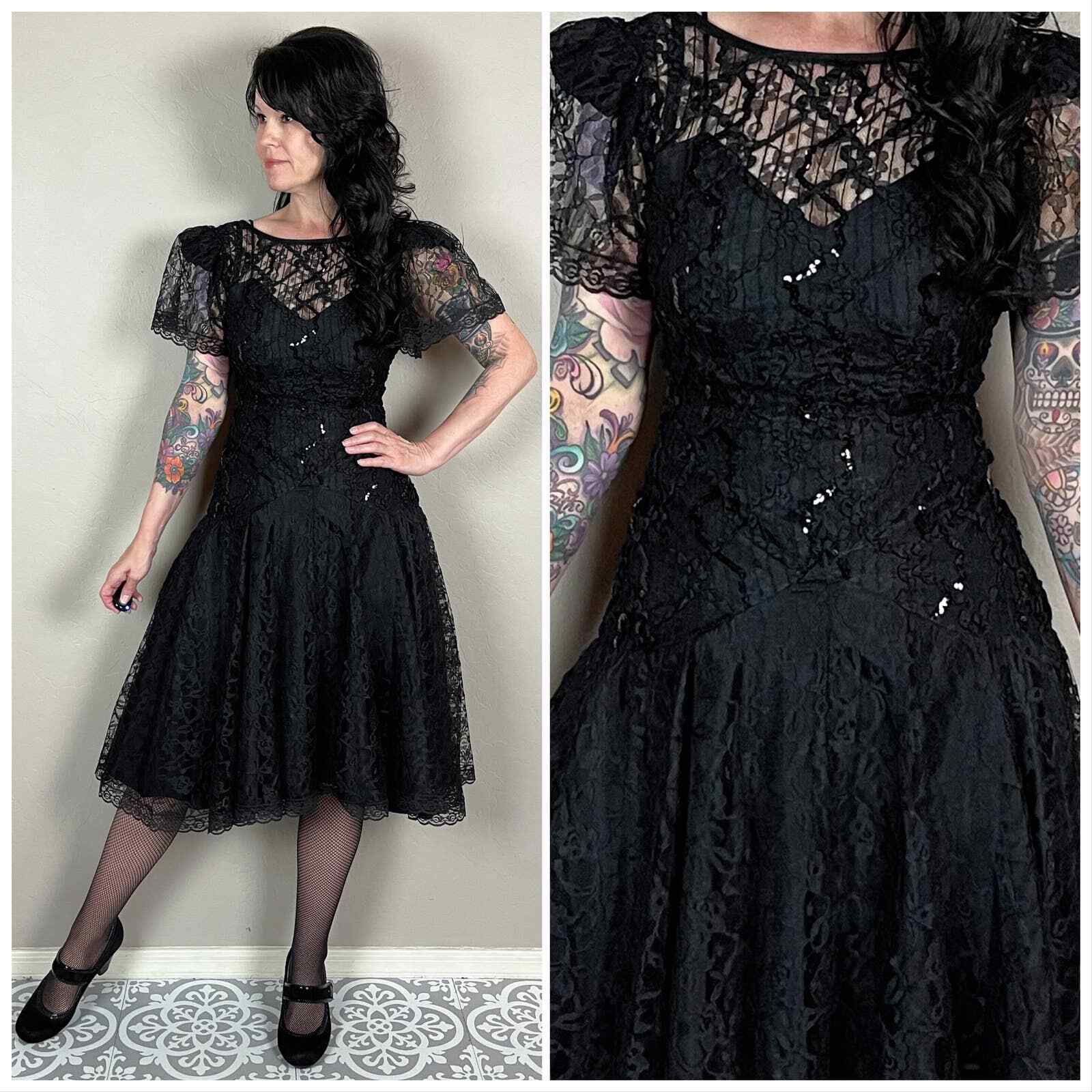 Vintage 1980s Black Lace Short Sleeve Illusion Midi Dress – 24″-25″ Waist