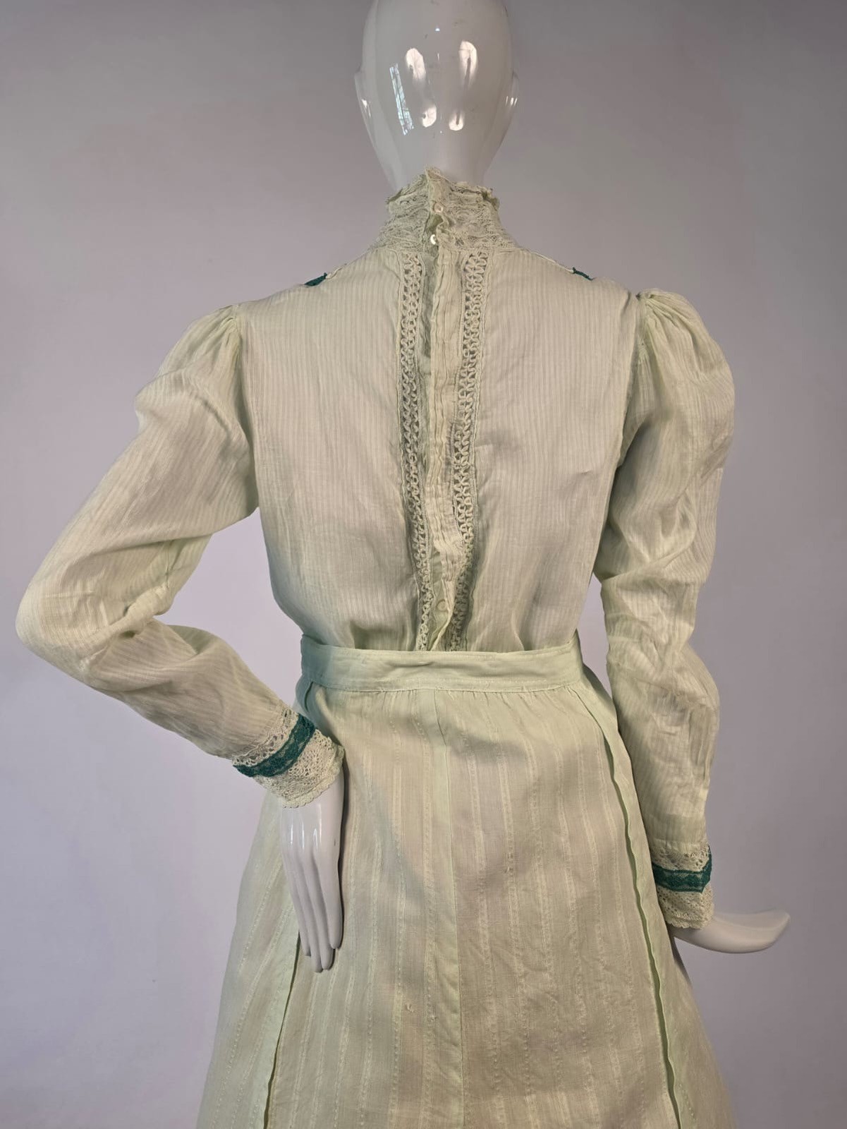 EDWARDIAN STRIPED COTTON 2 PC DRESS W LACE FRONT + HIGH COLLAR