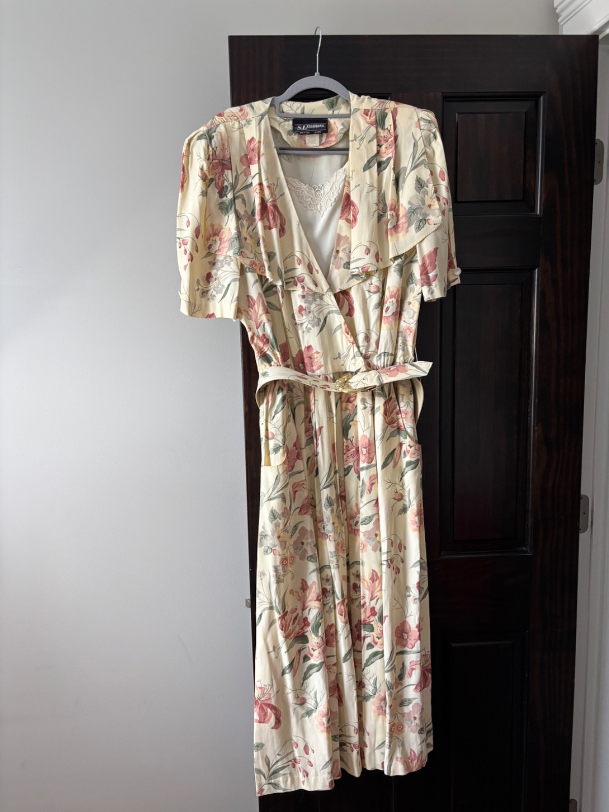 Vintage S.J. Fashions Womens Floral Maxi Dress Belted Pockets Made In USA
