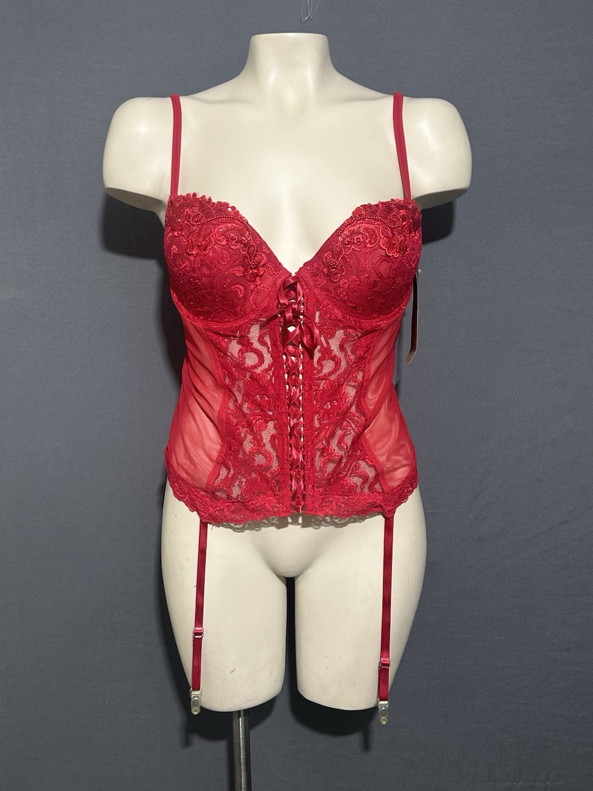 Sophia By Delicates Corset Tied Merry Widow Sz Medium Red W/ Panty And Stockings