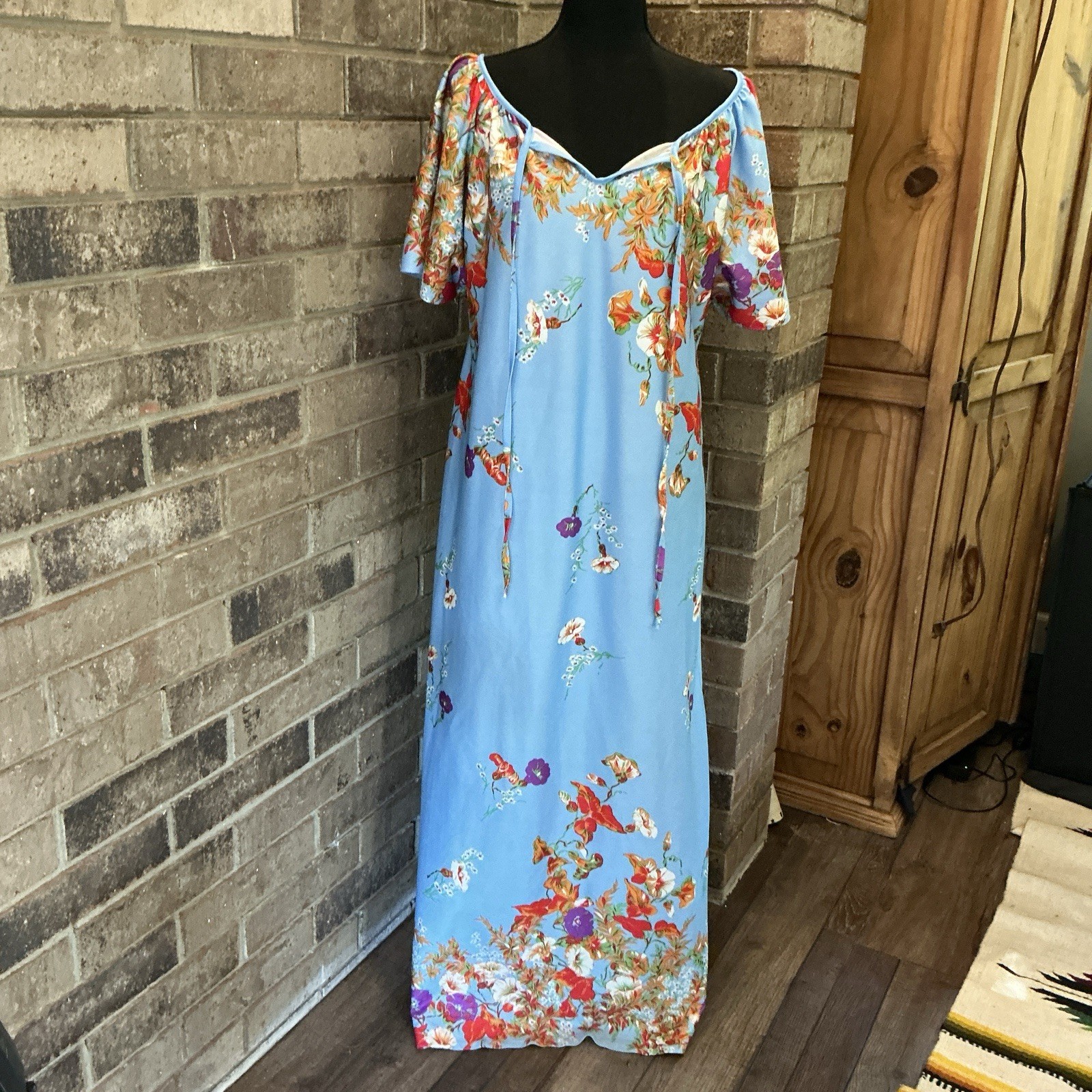 70s VTG Laura Smith Floral Maxi Dress Peasant Border Print USA Size S Blue #33E4