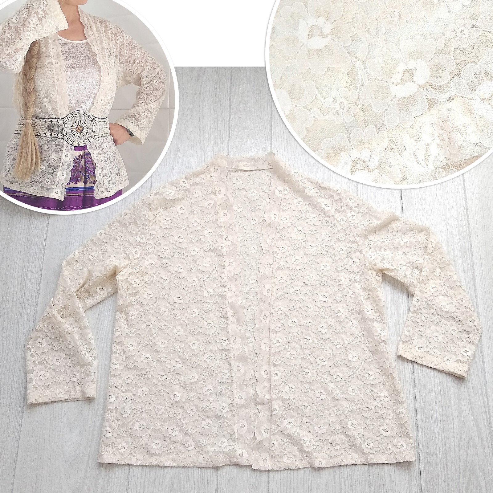 Vintage 90s Ivory Lace Cardigan Western Tumbleweeds Sheer Open Front Cottage XL