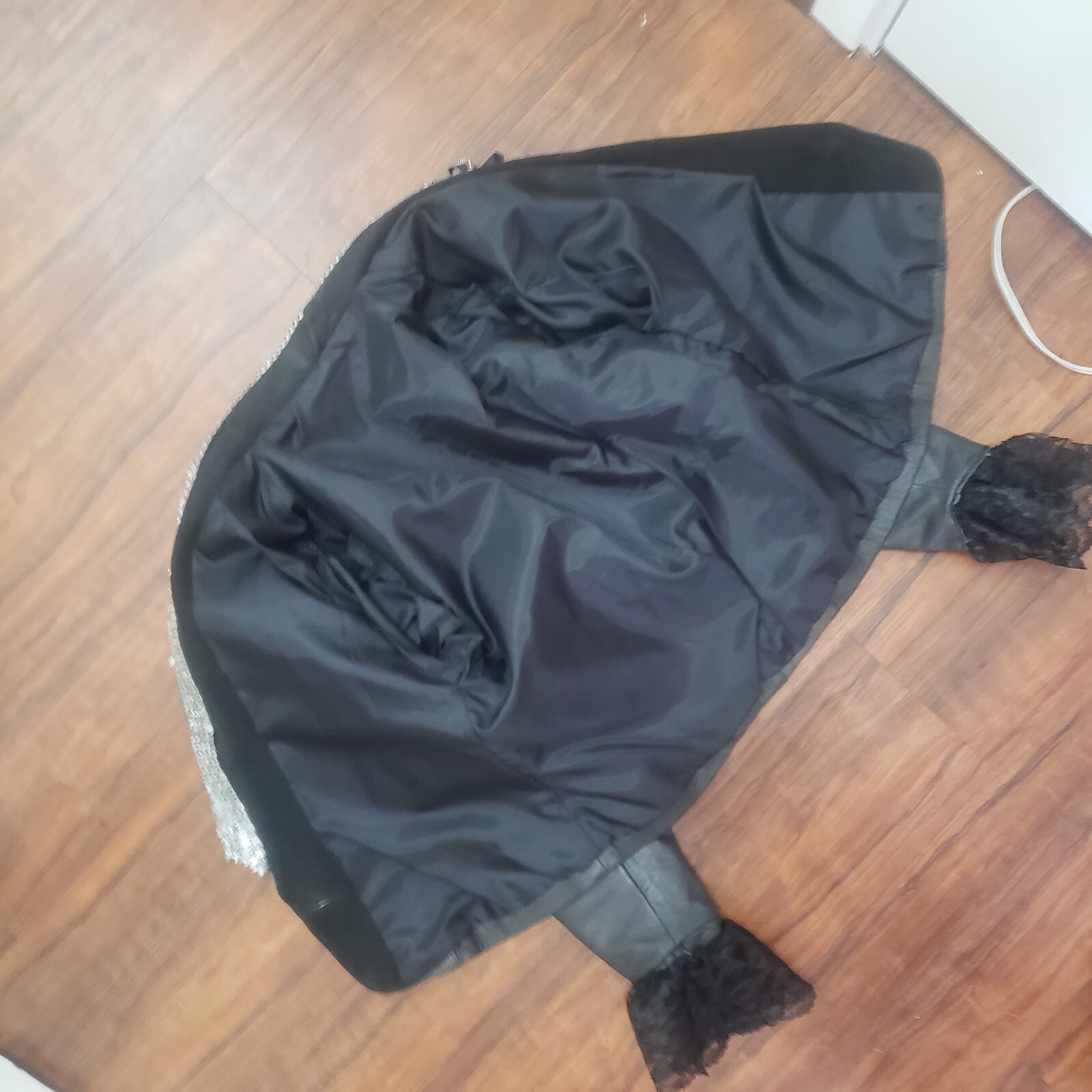 Vtg 80s Sz L black Leather Jacket sequins collar puff sleeves Glam Mobwife