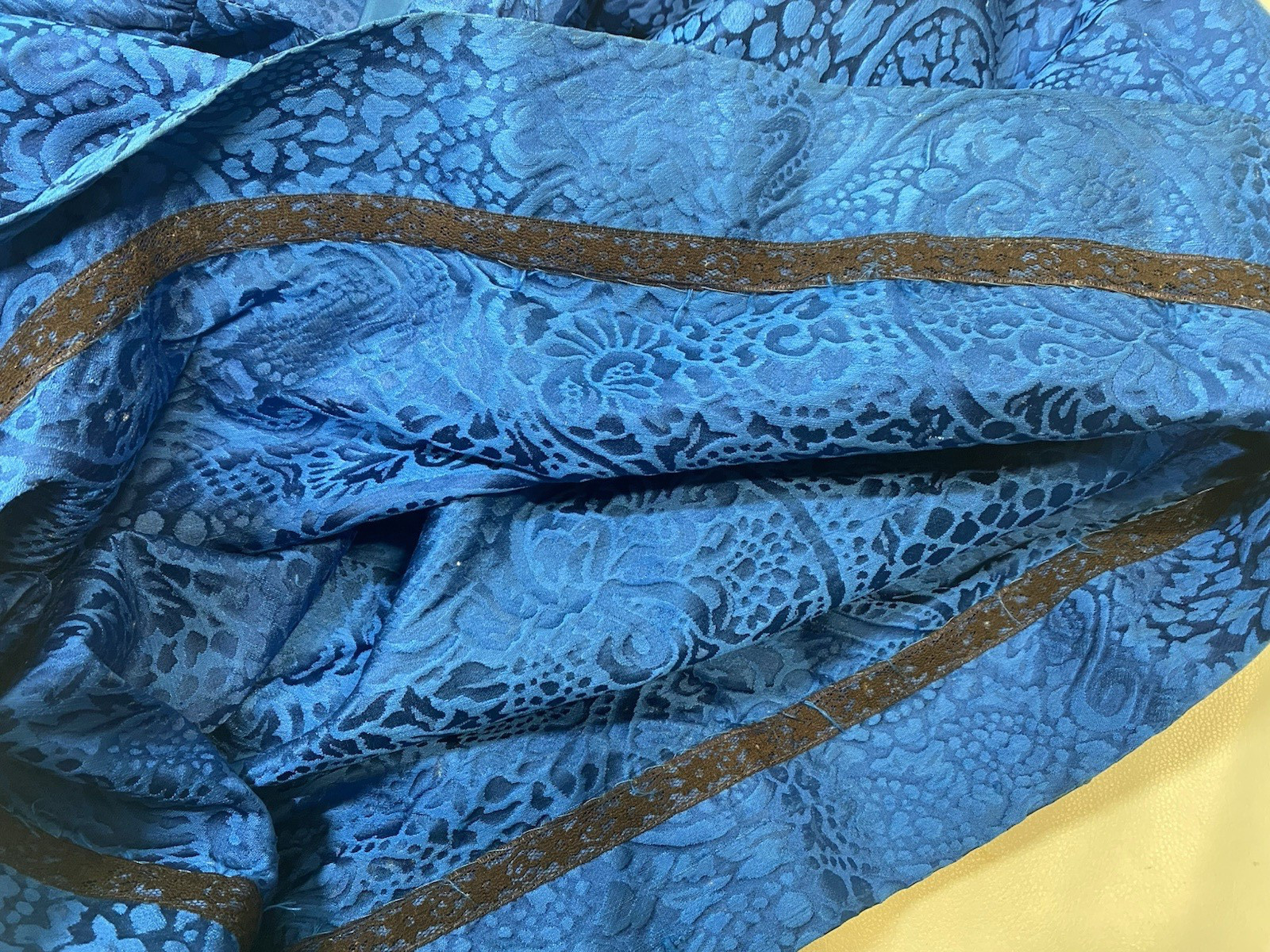 Vintage Dress SIZE LARGE blue Thai silk jacquard long sleeve 80s 90s handmade