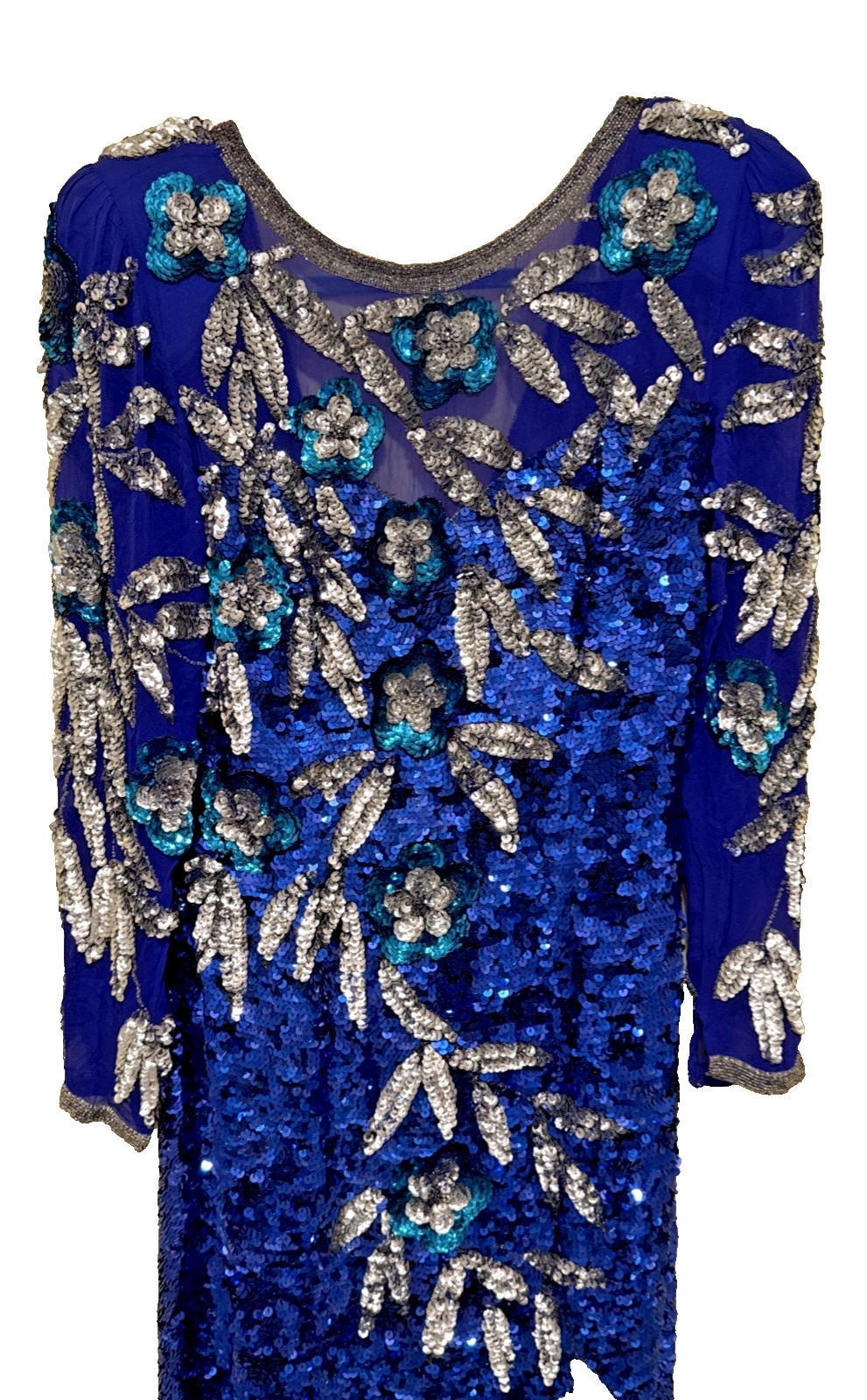 Vintage Cobalt Blue Silk Silver Sequined Evening Gown By Nite Line Size 8
