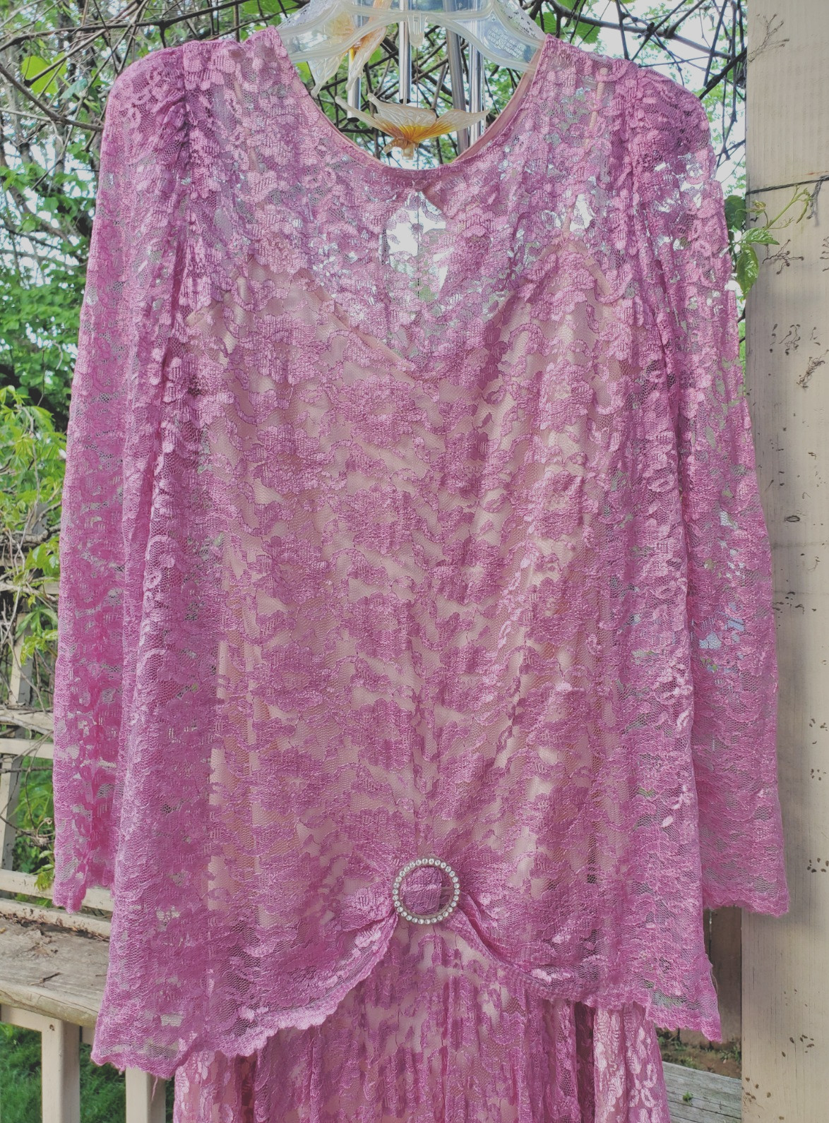 VTG JC Penney 80’s Dress Women’s Pink Lace Overlay Flare Handkerchief Hem MOB