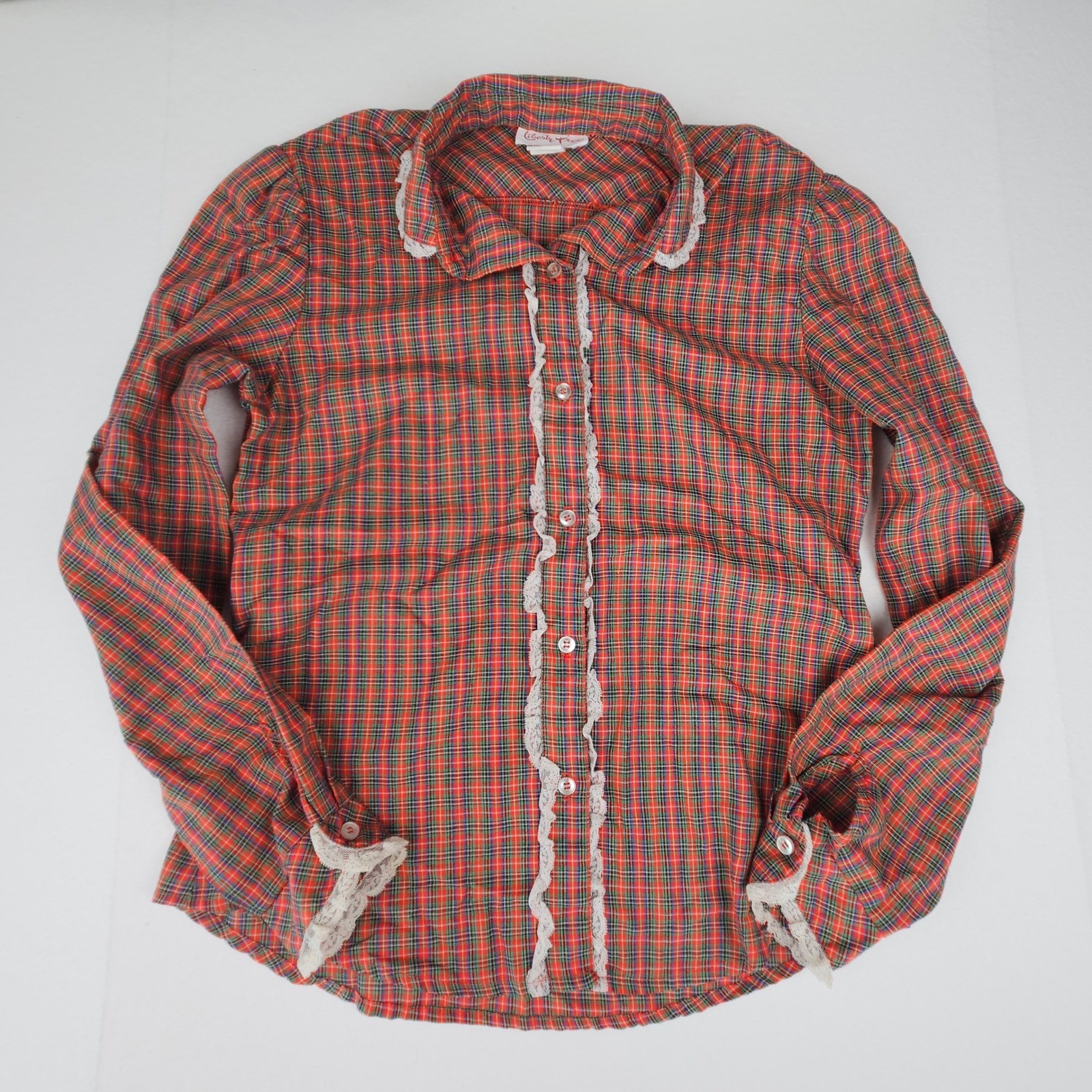 Liberty Tree Vintage 1970s Plaid Lace Trim Blouse Red Green Tartan Button Down