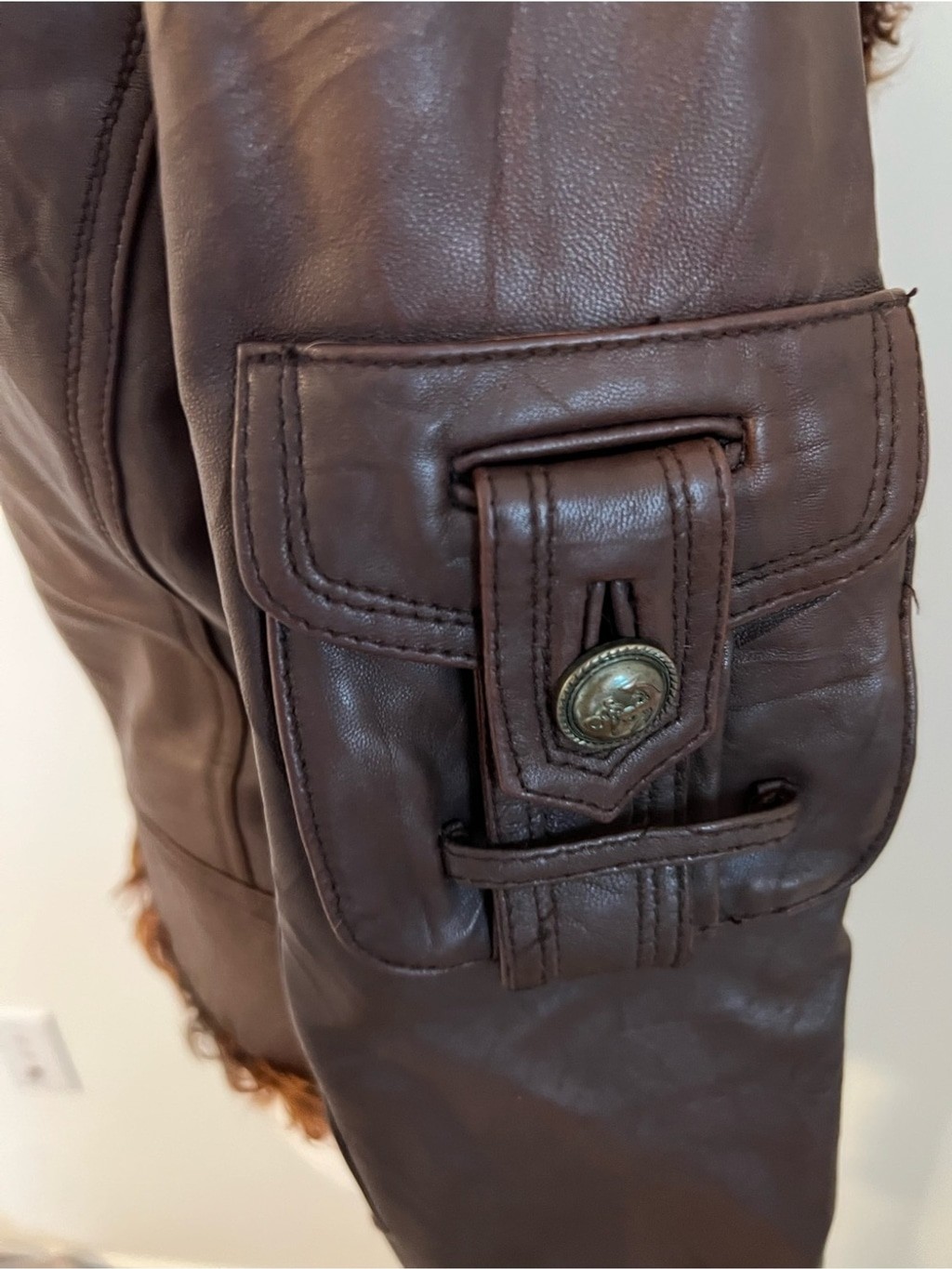 Vintage Brown Genuine Leather Shearling Moto Jacket Fur Collar Toggle Size XS-S
