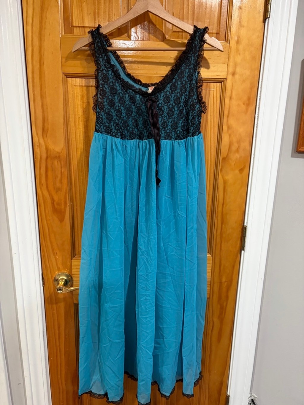 Vintage Union Made Teal Black Lace Sheer Babydoll Nightgown 90s Lingerie Small