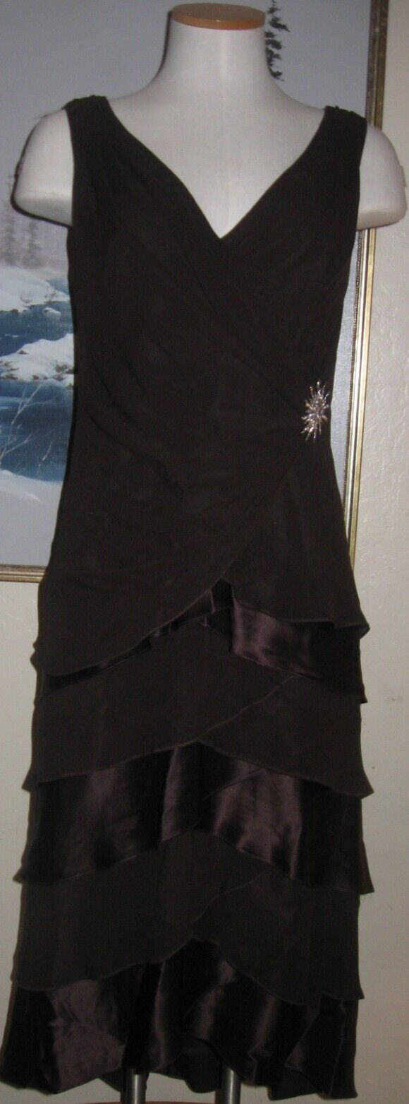 Tadashi Silk Cocktail dress Mocha mermaid hem ruffles Rhinestone Brooch wispy 6
