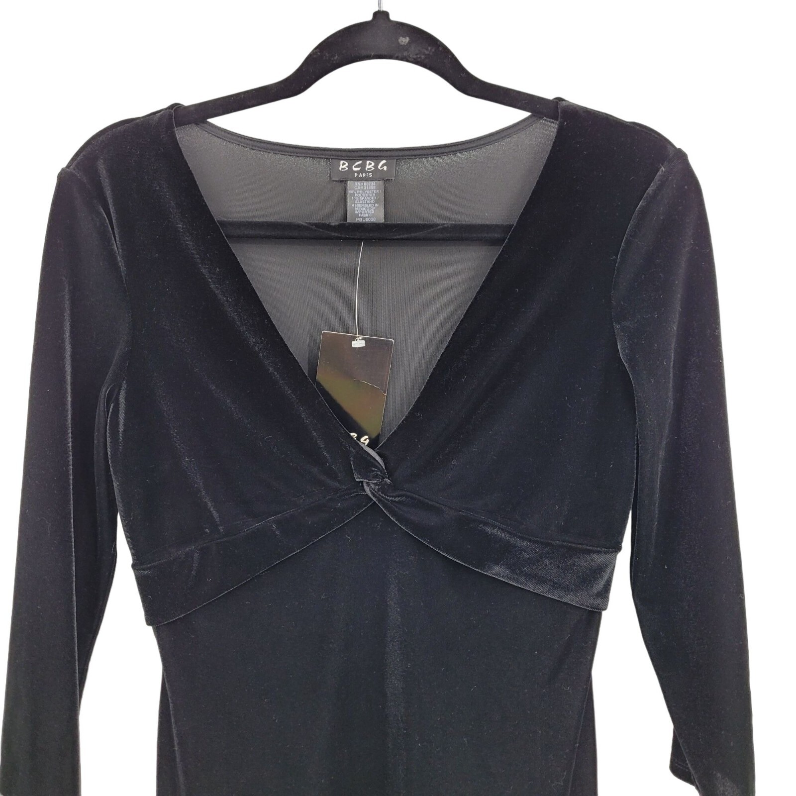Vintage 80’s BCBG Paris Dress M Black Velour Knotted V-neck Stretch Mini Skater