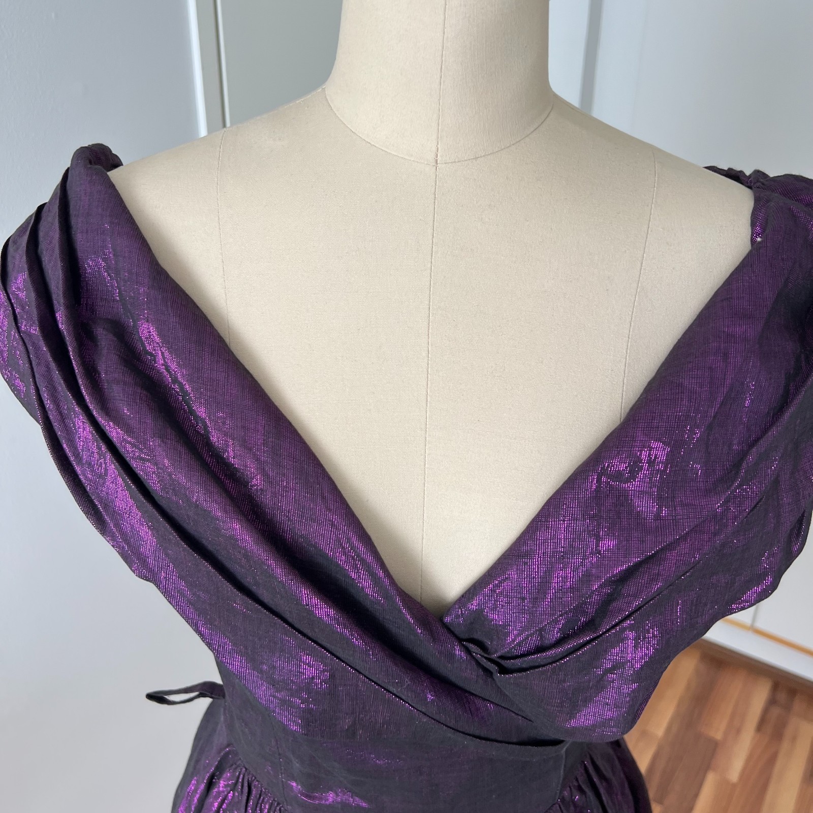 1980s Purple Off Shoulder Cocktail Party Dress Cotton Blend Aline Midi Retro 36