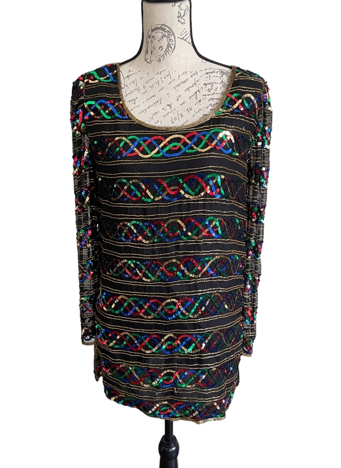 Vintage Stenay Silk Rainbow Sequin Shirt Scoop Neck Blouse Top Showgirl Sparkle