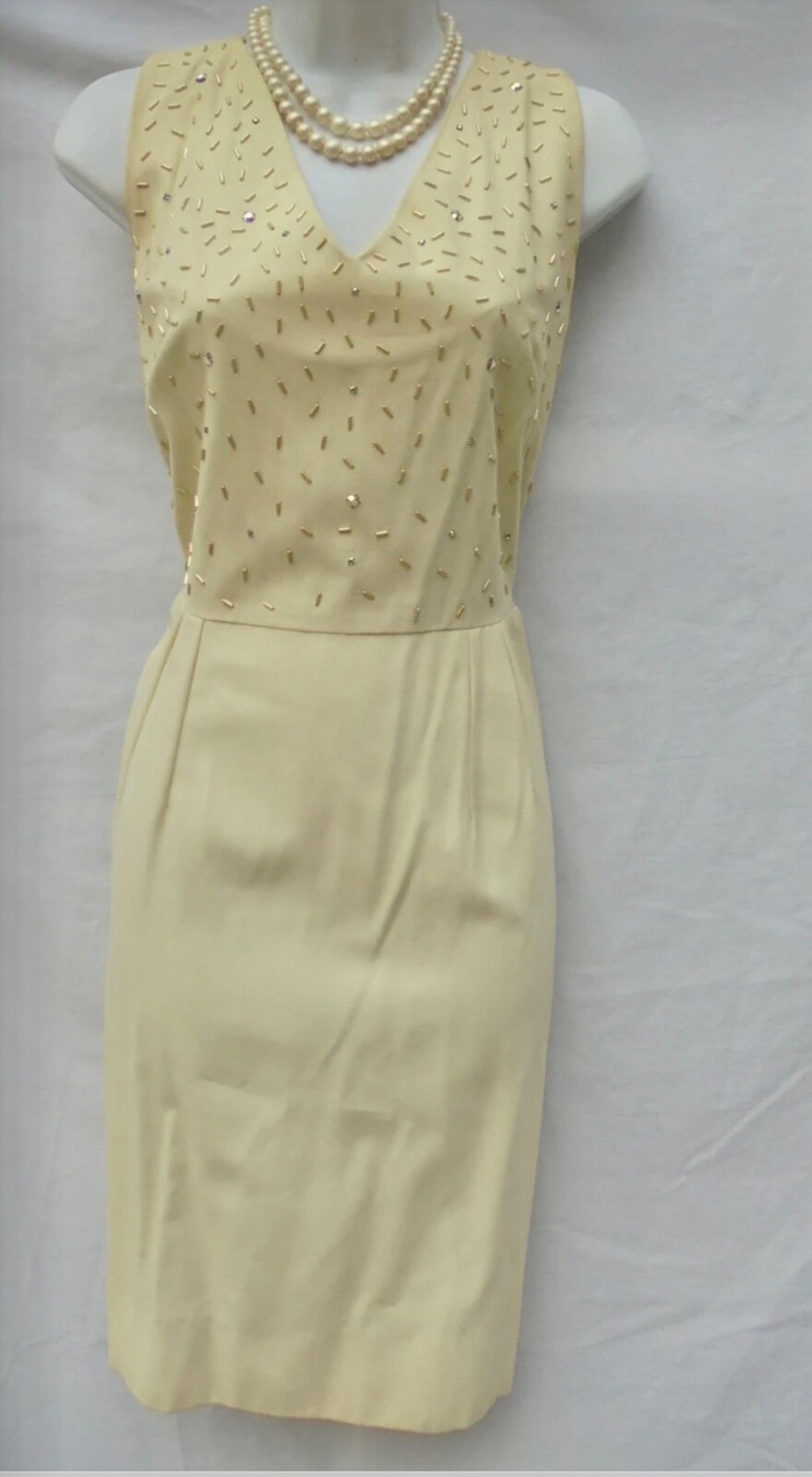 Cream beaded dress Dauphine by l’Aiglon wiggle pencil cocktail mid century 50
