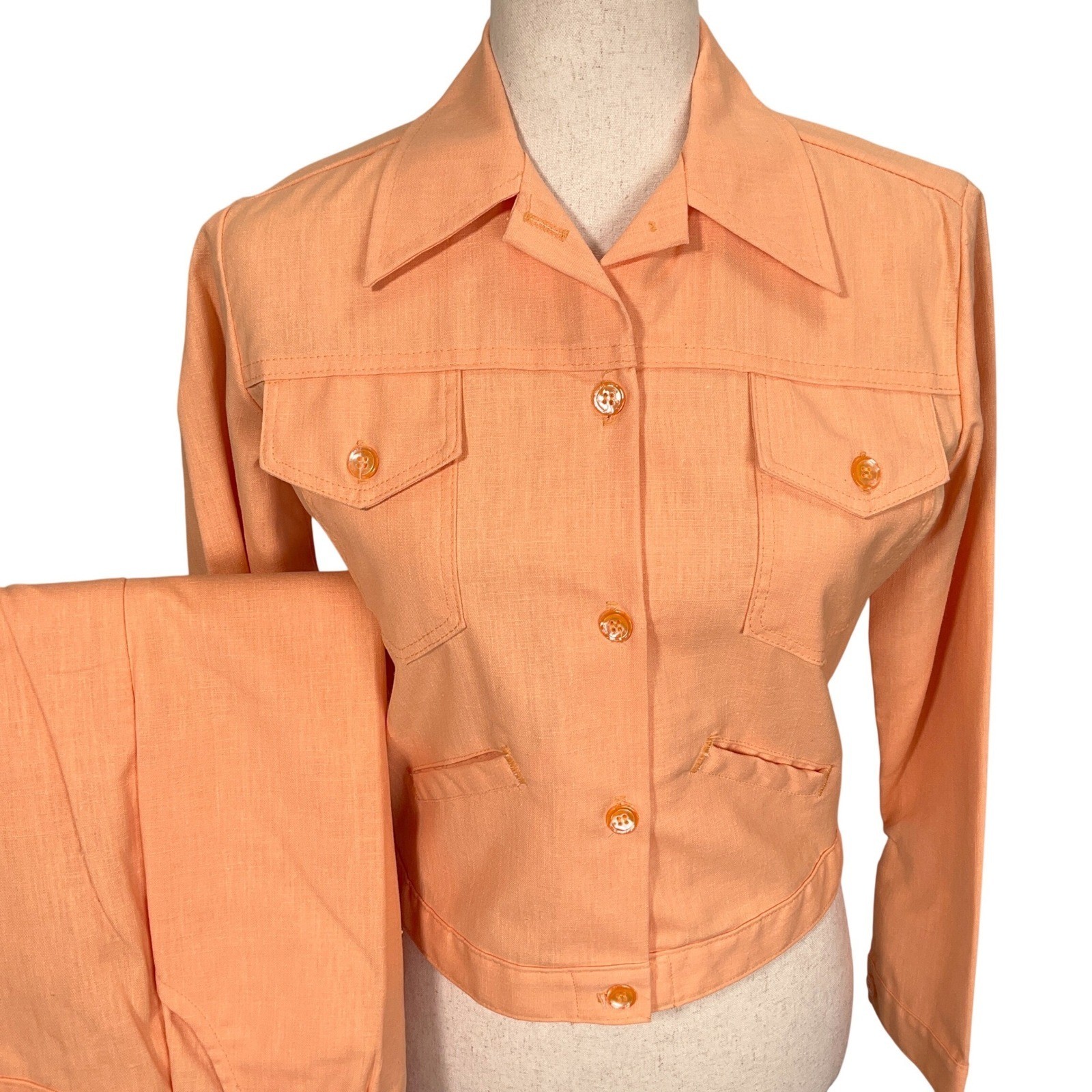 Vintage Pant Suit Women 7/8 Orange Bright Lightweight 70s Disco Summer Wide Leg