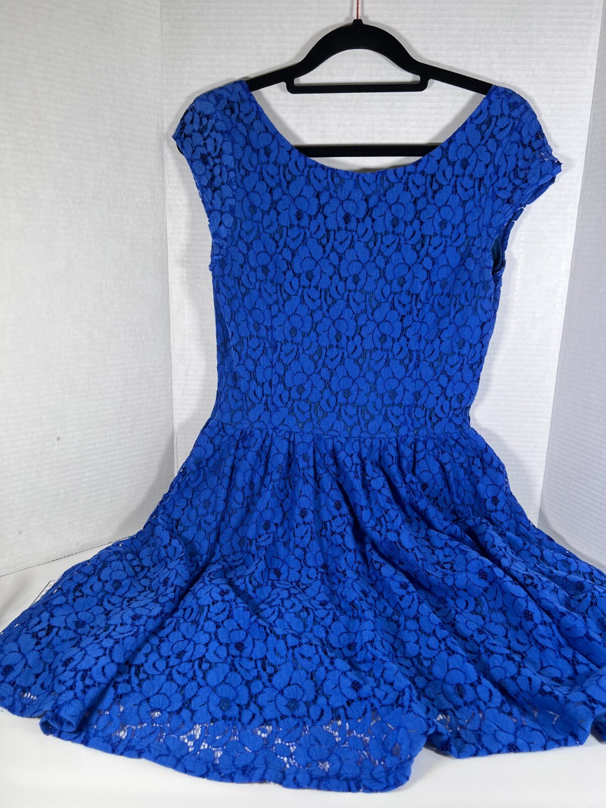 VTG Royal Blue Lace Silk Lined Short Dress Adult M Cocktail Prom Wedding USA