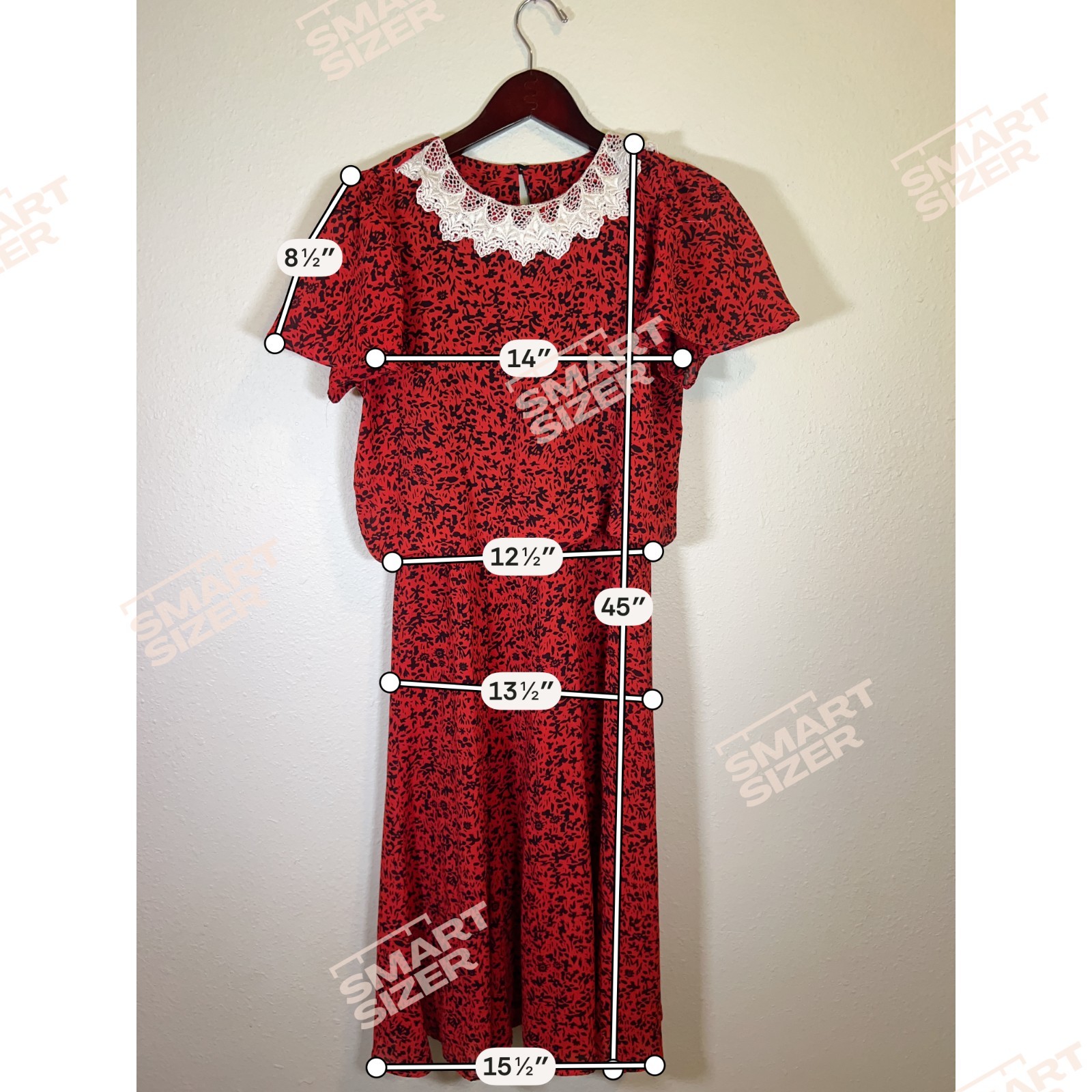 Vintage 1980s Prairie Revival Red Floral Lace Collar Midi Dress Basic Theater Pc