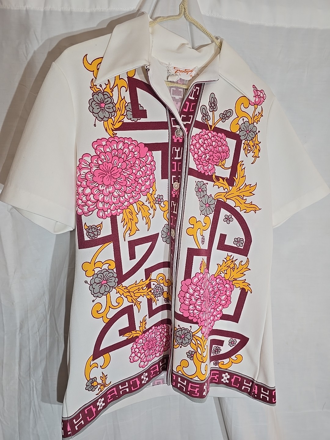 1960’s Hippie Mod Geometric Women Polo Floral Shirt Size Medium