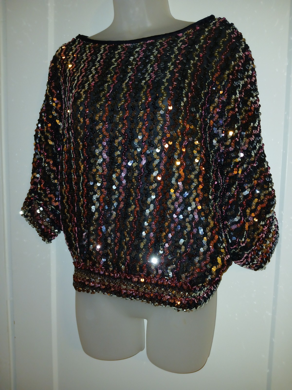 Vintage 70s Sequins Pink Silver Disco Club Knit Stretch Studio 54 Top Blouse L