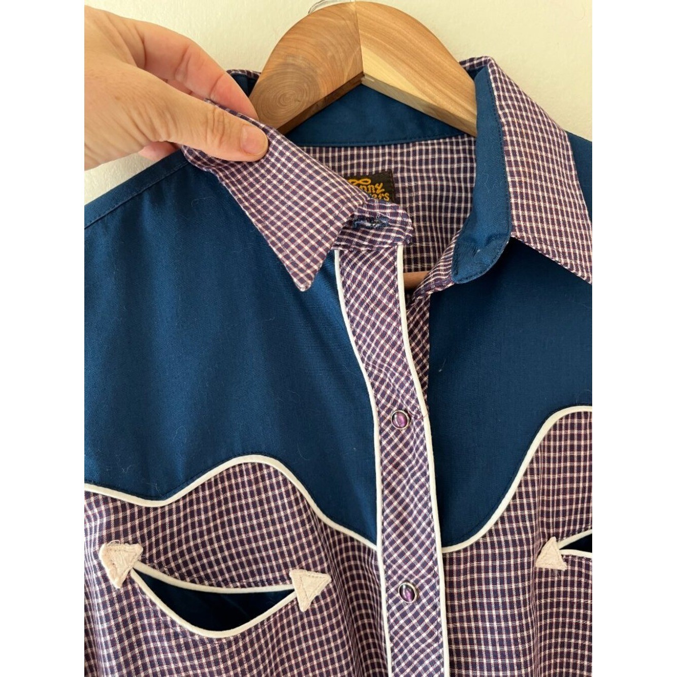 Sz M VTG 70s Kenny Rogers Western Shirt Blue Burgundy Plaid Chest Pockets Snaps