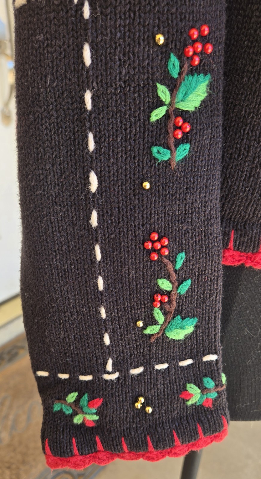 1990s HAMPSHIRE STUDIOS Black Christmas Cardigan Beaded & Knit Details Size L