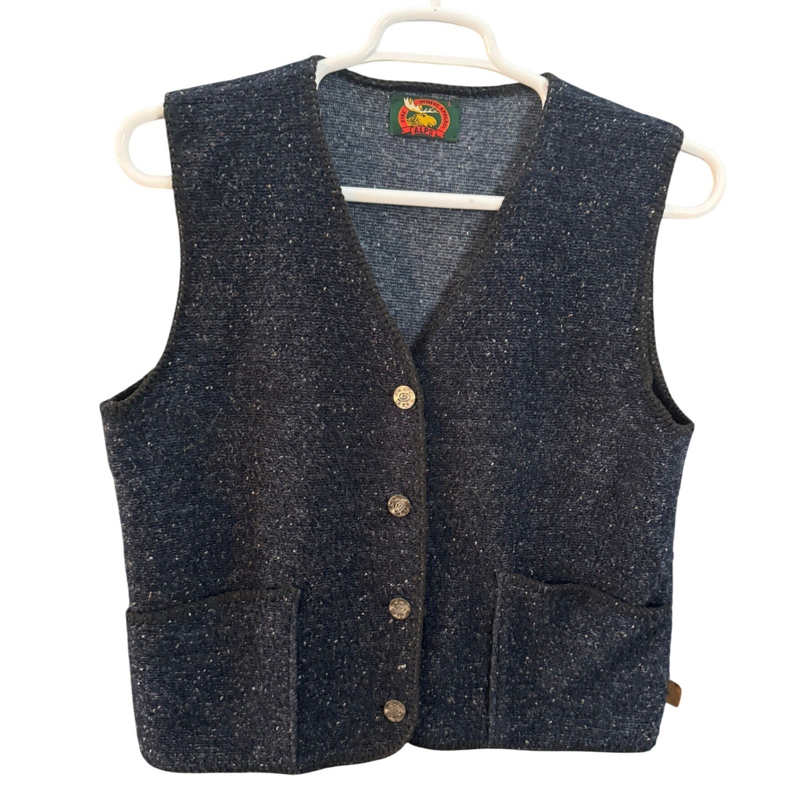 Vintage Alps Womens Knit Vest Navy Blue Speckled Button Front Pockets Large USA