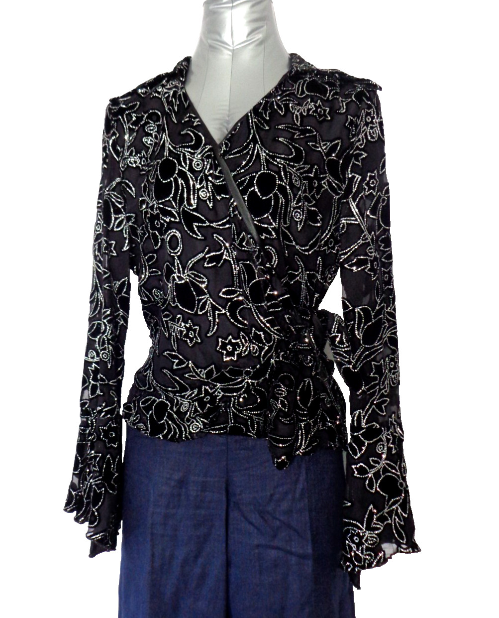 Dressbarn Women’s Silk Blingy Shirt Black, Silver, Lace and Velvet Top Size L