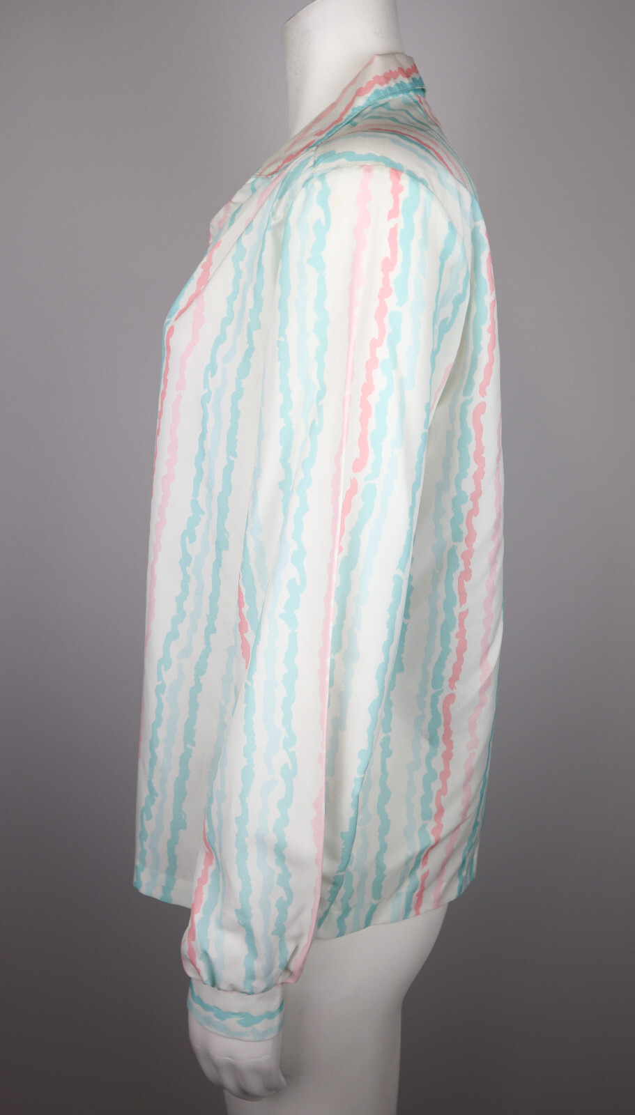 VINTAGE WOMEN’S WHITE BLUE PINK PRINT LONG SLEEVE BLOUSE – ALICIA – SIZE 10