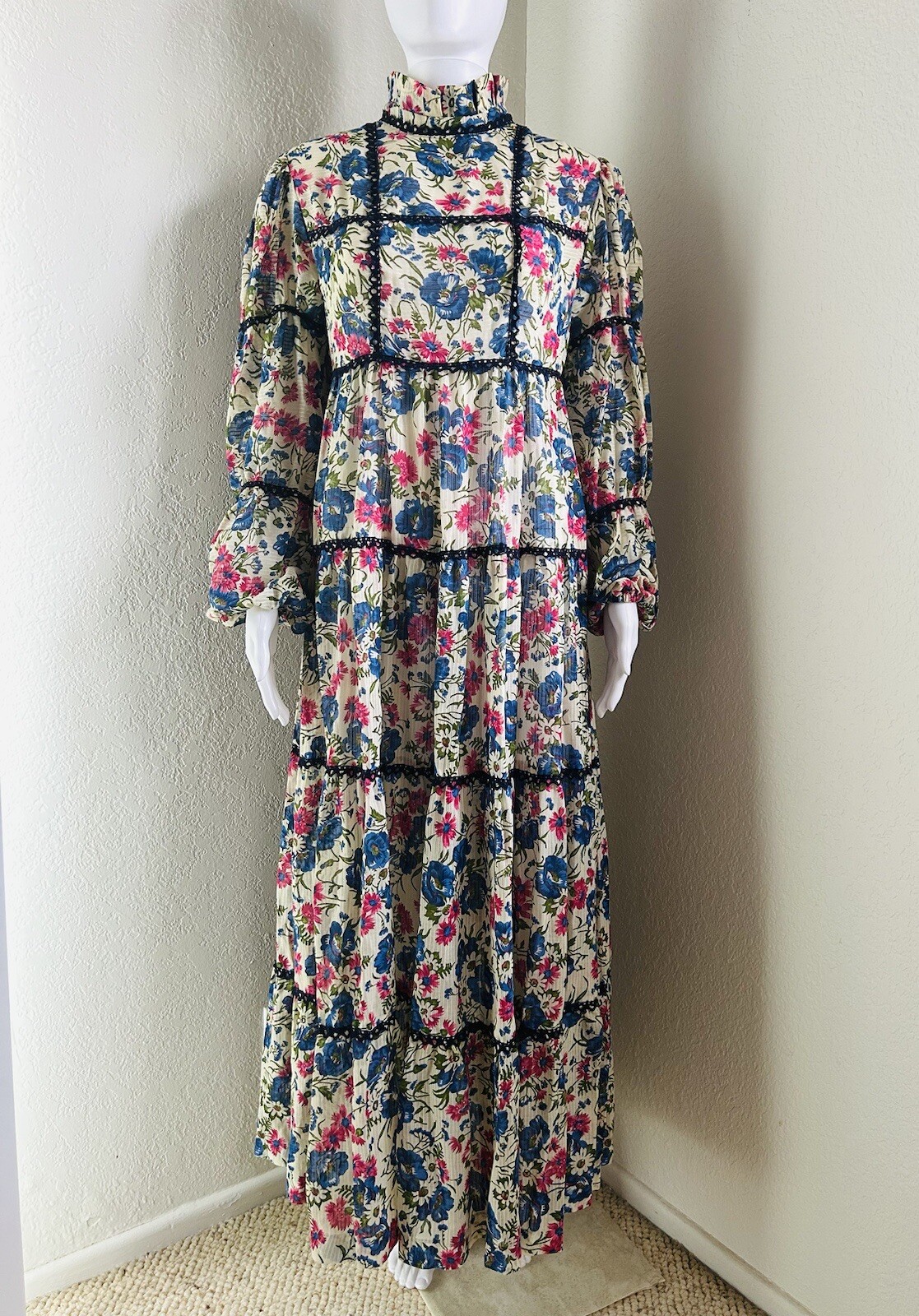 Vtg Joseph Magnin Dress Floral Smocked Maxi Bohemian Prairie Cottage Romance