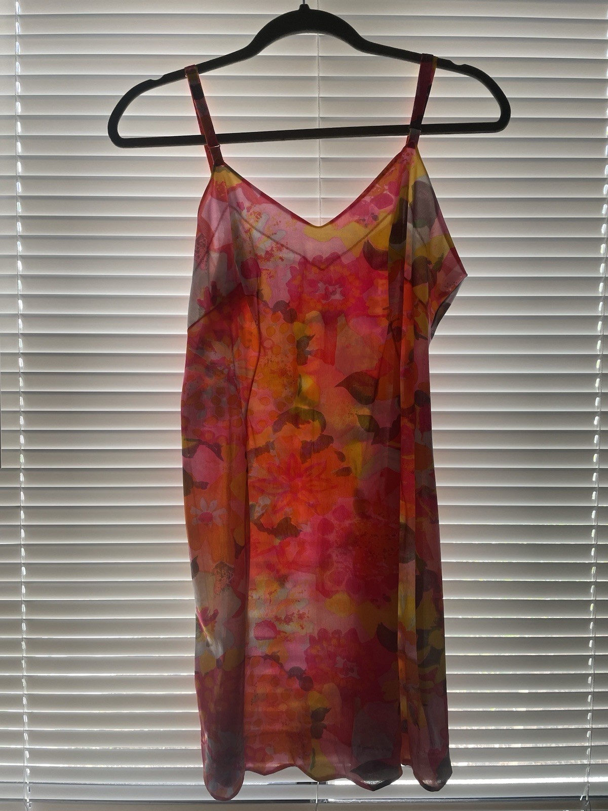 Vintage 60’s Psychedelic Slip Hot Fluorescent Pink Orange Mini Dress Floral Sz M