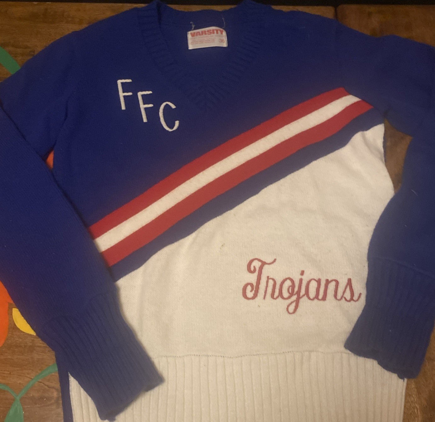 VTG Varsity Brand Cheerleader Sweater Blue White Red FFC Trojans Sz 36 Rare Find