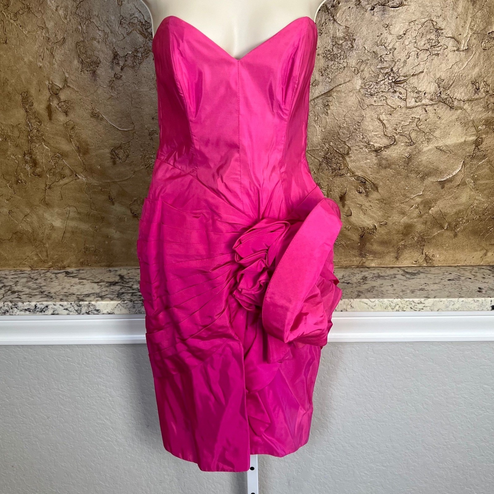 Tadashi Strapless Dress Sz 6 Pink Vintage Ruched Rosette Party Prom Made in USA