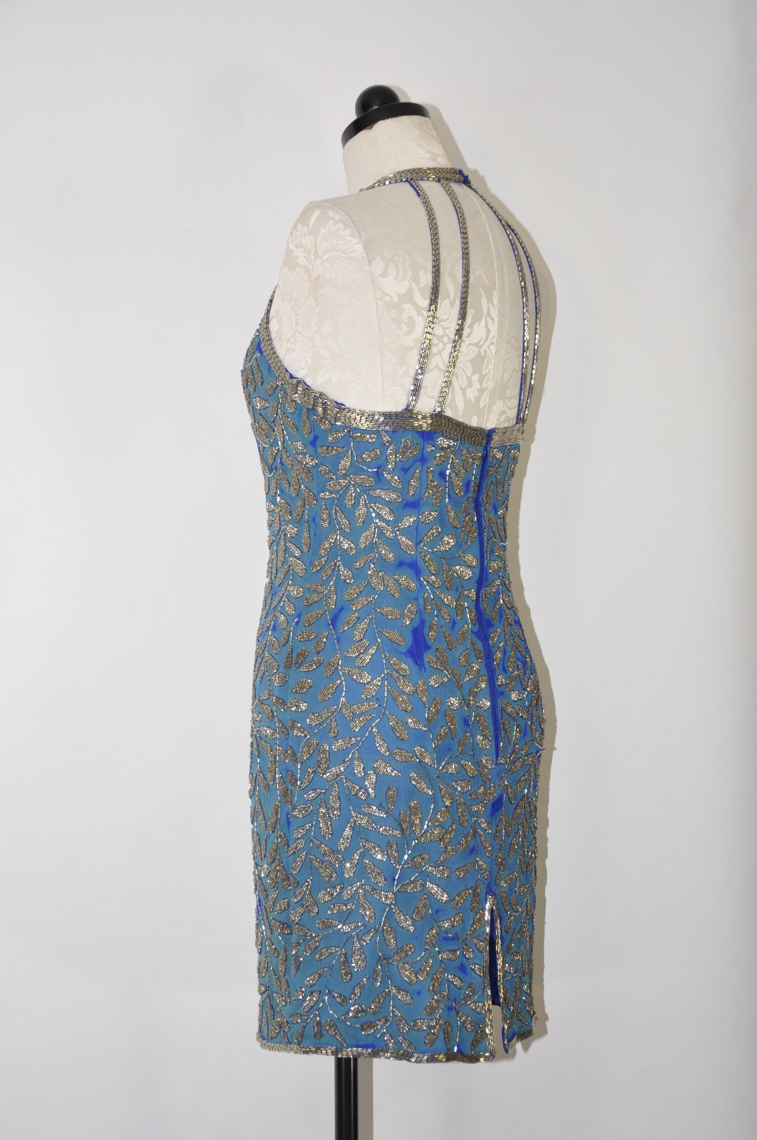 80s Vintage Blue Silk Silver Beaded Jeweled Leaves Backless Halter Mini Dress S