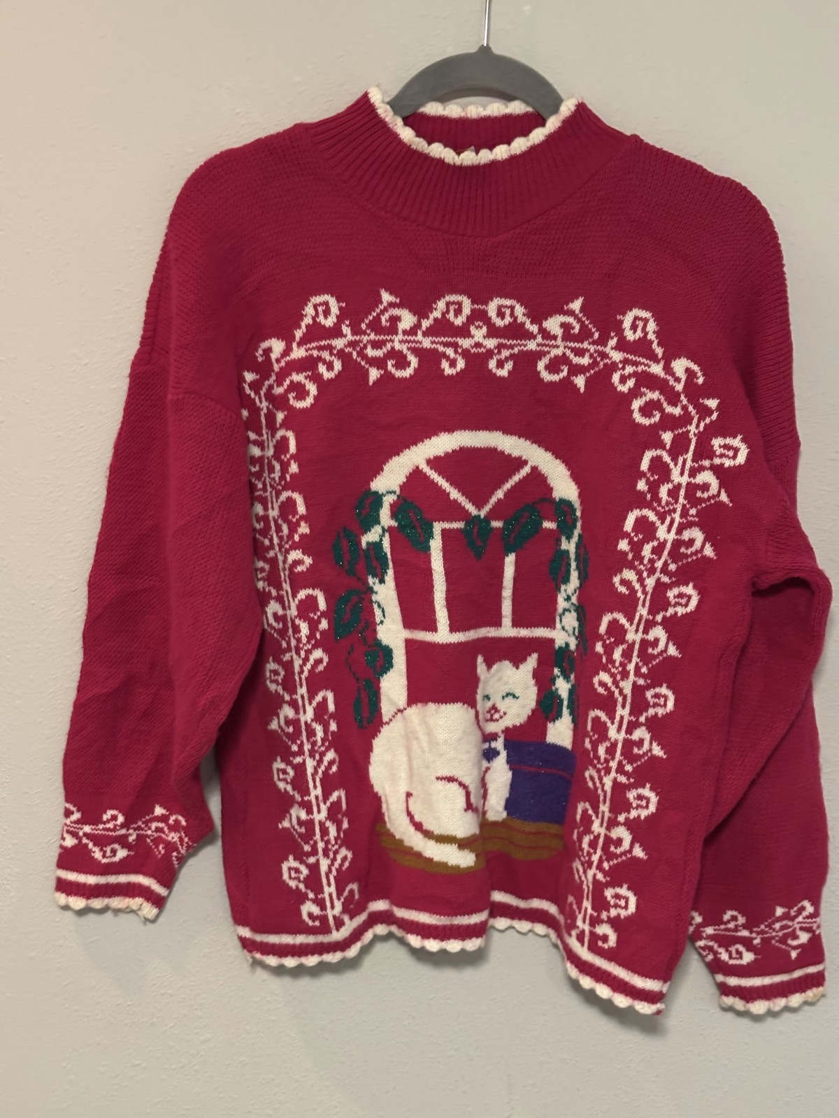 Vintage 80s Spunky Women’s Chest 20 Red Long-Sleeve Cat In Window Design Sweater
