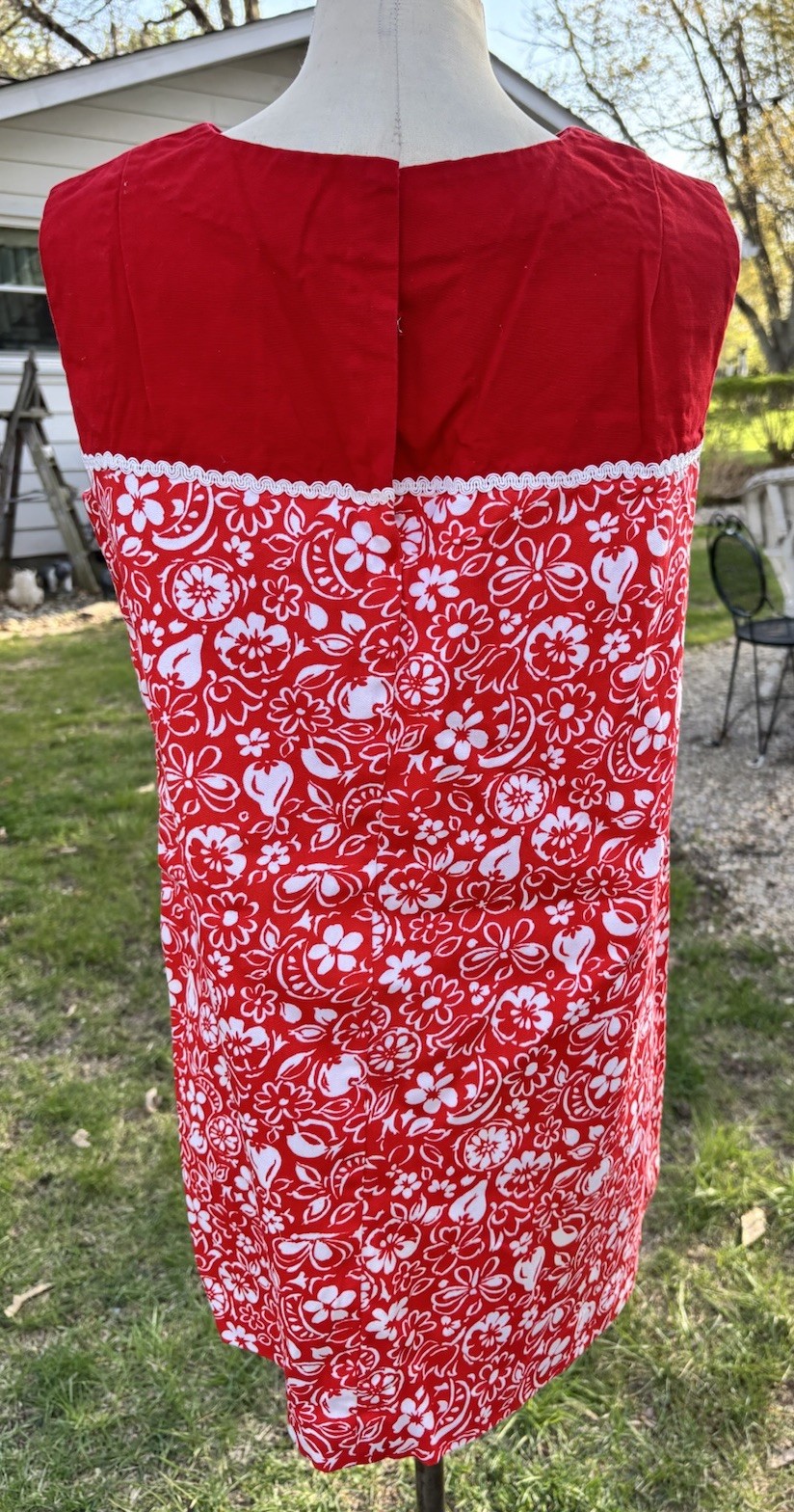 VTG Mod 60s Go Go Red Mini Dress Handmade Size XL 36x42x44″ Floral 30″L